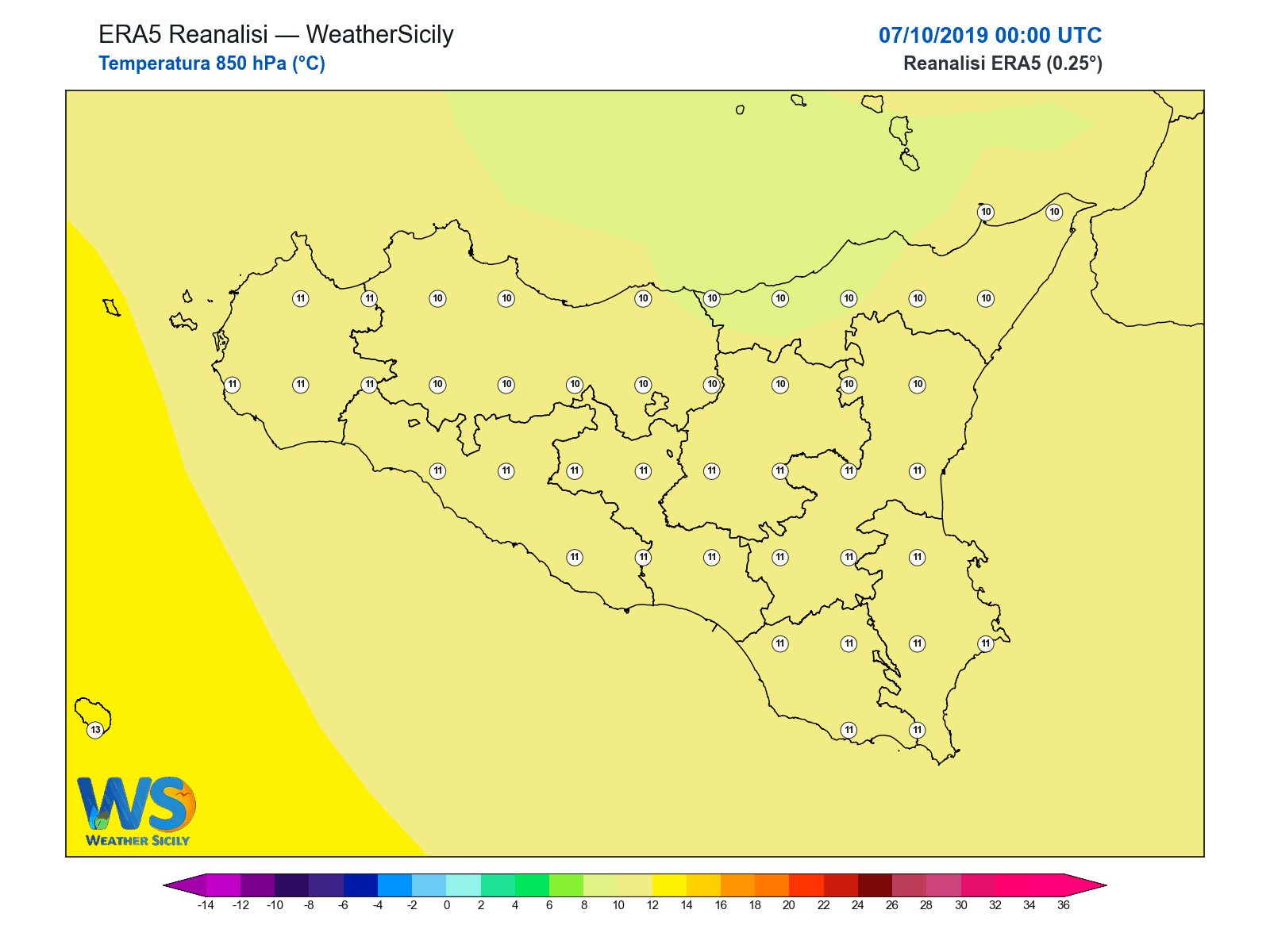 Temperatura a 850 hPa · 2019100700