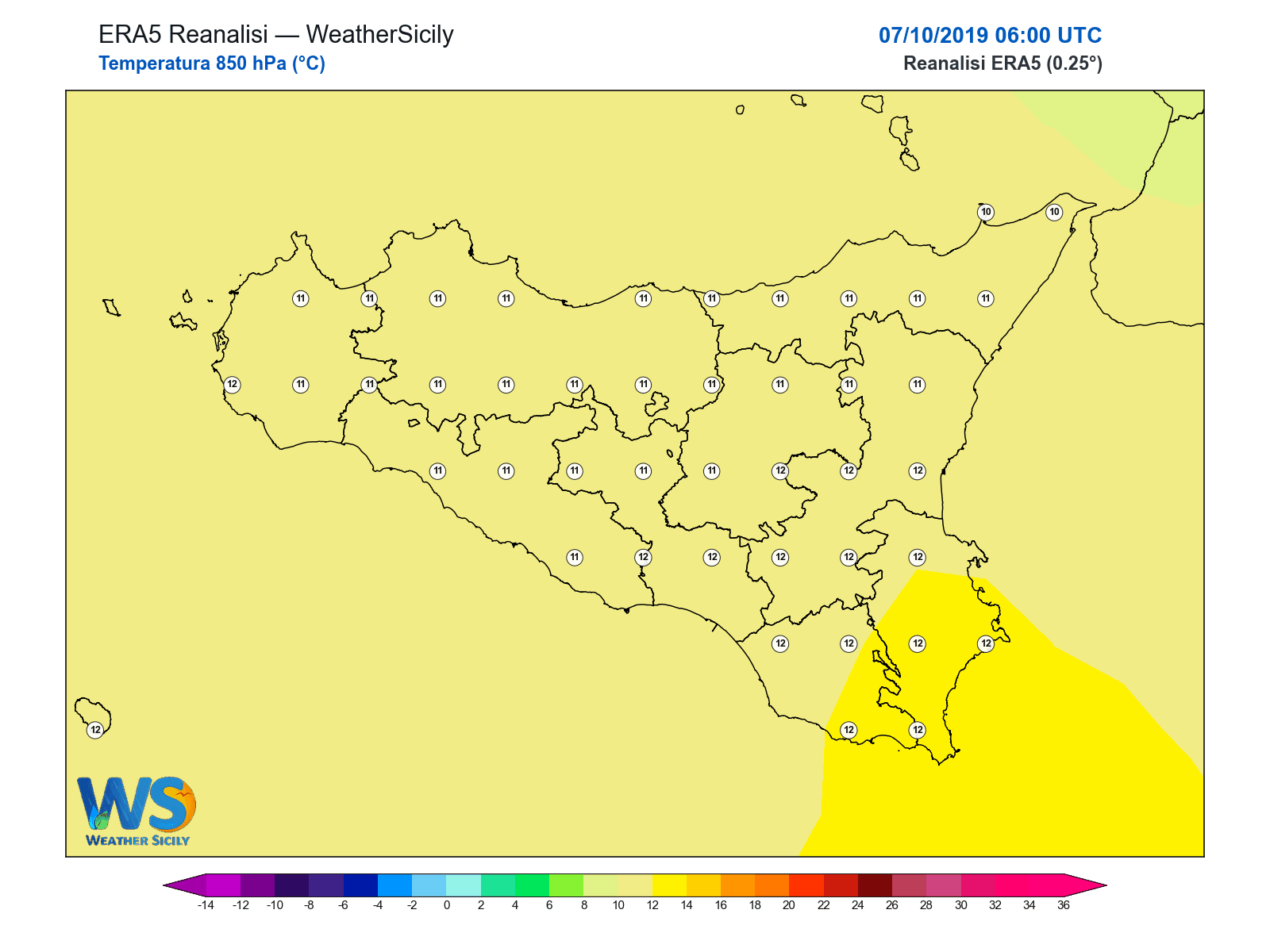 Temperatura a 850 hPa · 2019100706