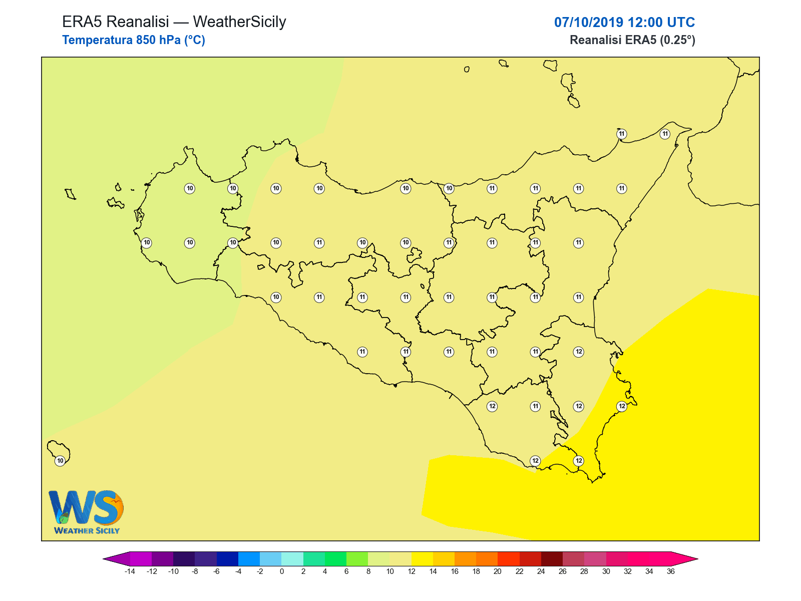 Temperatura a 850 hPa · 2019100712
