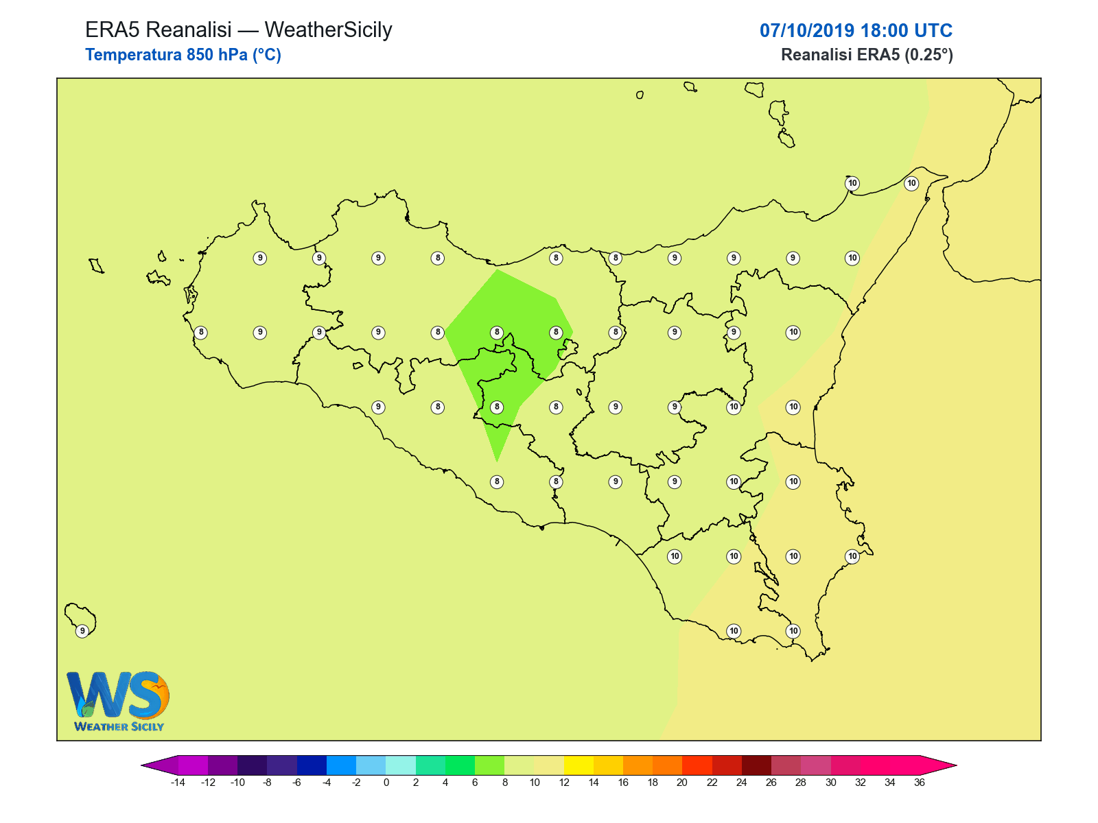 Temperatura a 850 hPa · 2019100718