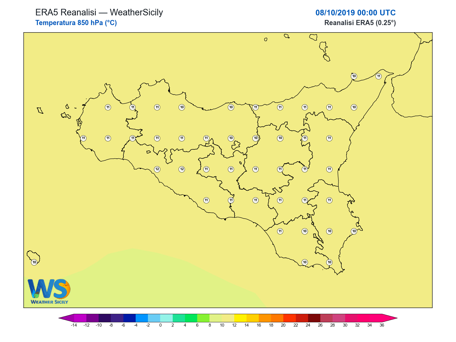 Temperatura a 850 hPa · 2019100800