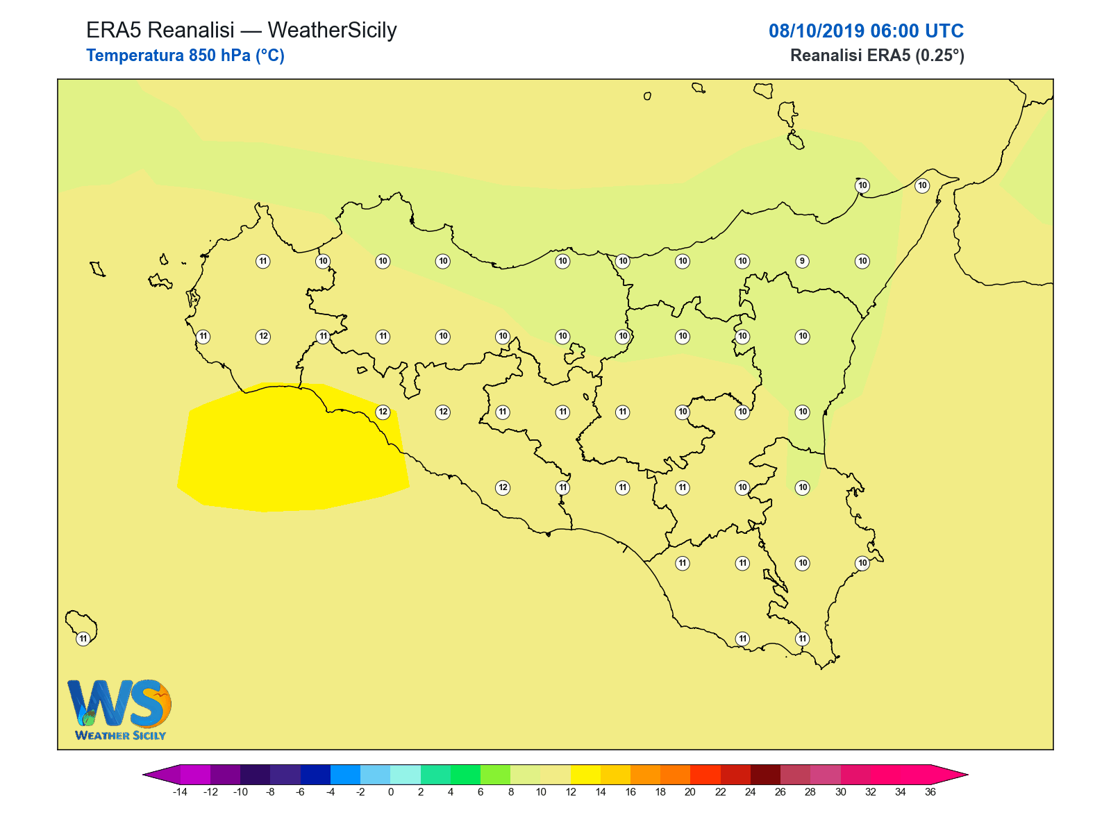 Temperatura a 850 hPa · 2019100806