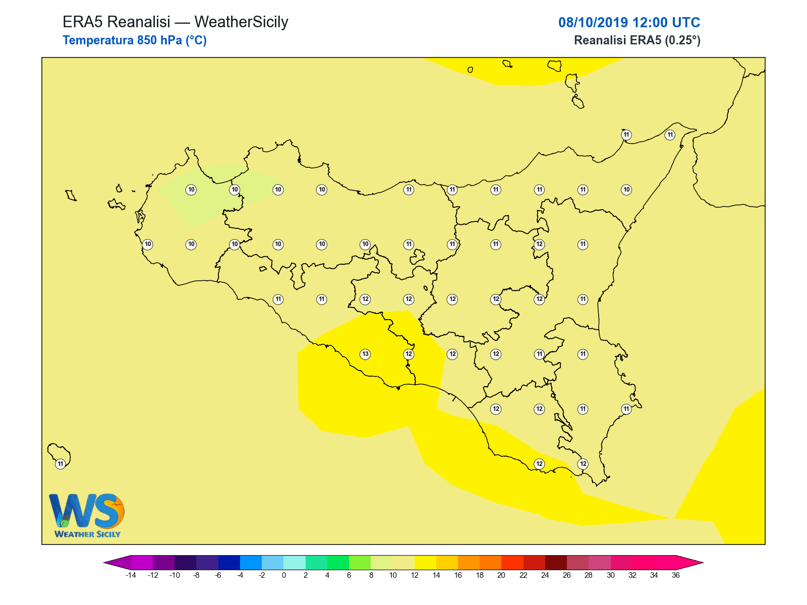 Temperatura a 850 hPa · 2019100812