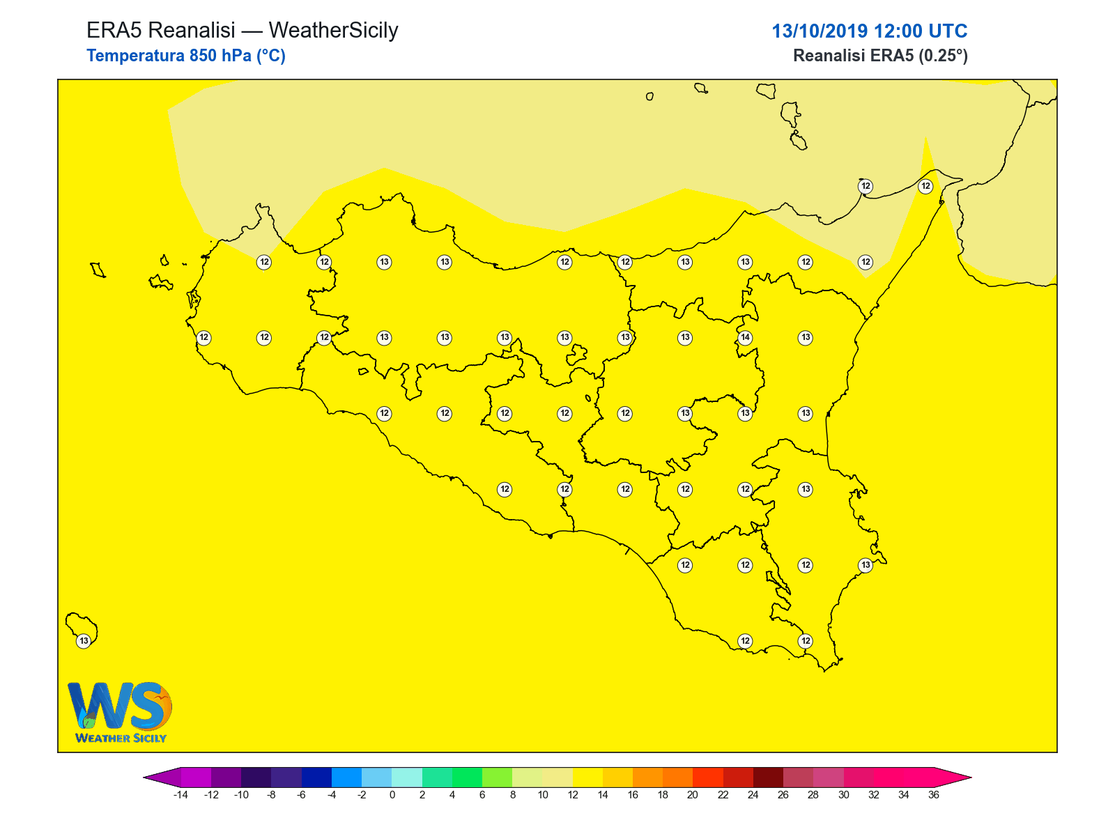 Temperatura a 850 hPa · 2019101312