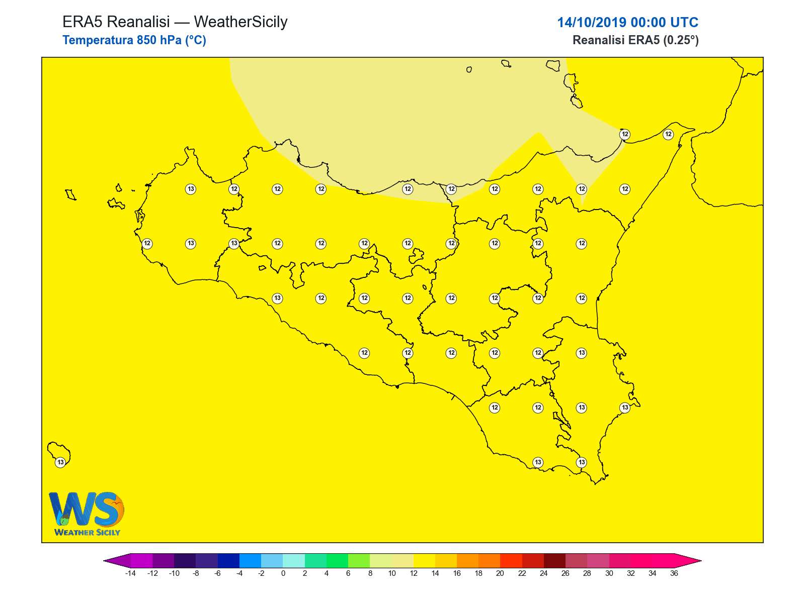 Temperatura a 850 hPa · 2019101400
