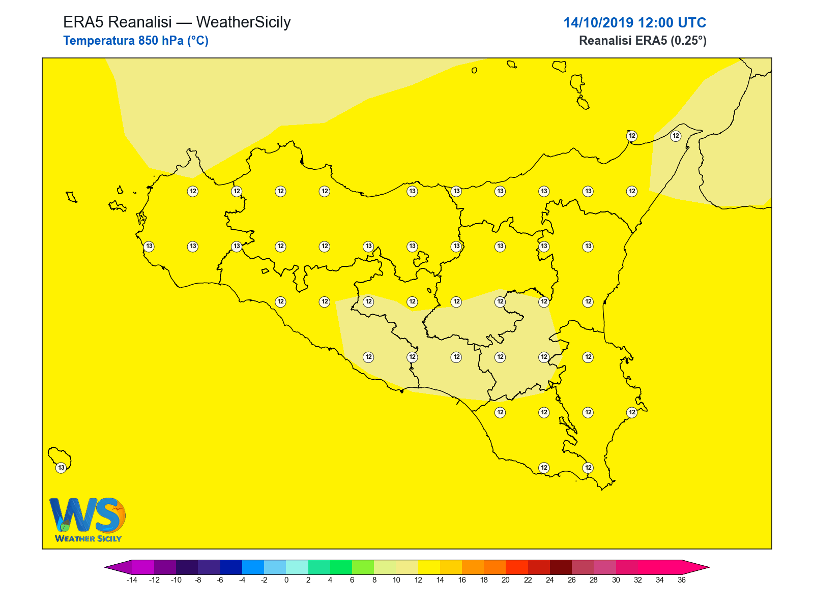 Temperatura a 850 hPa · 2019101412
