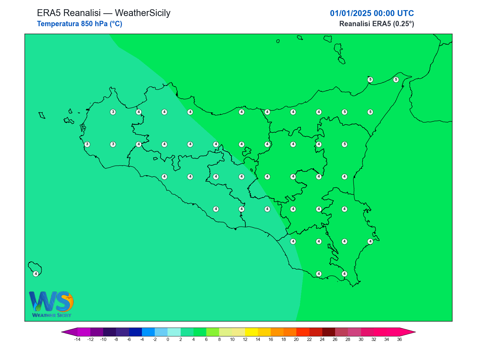 Temperatura a 850 hPa · 2025010100