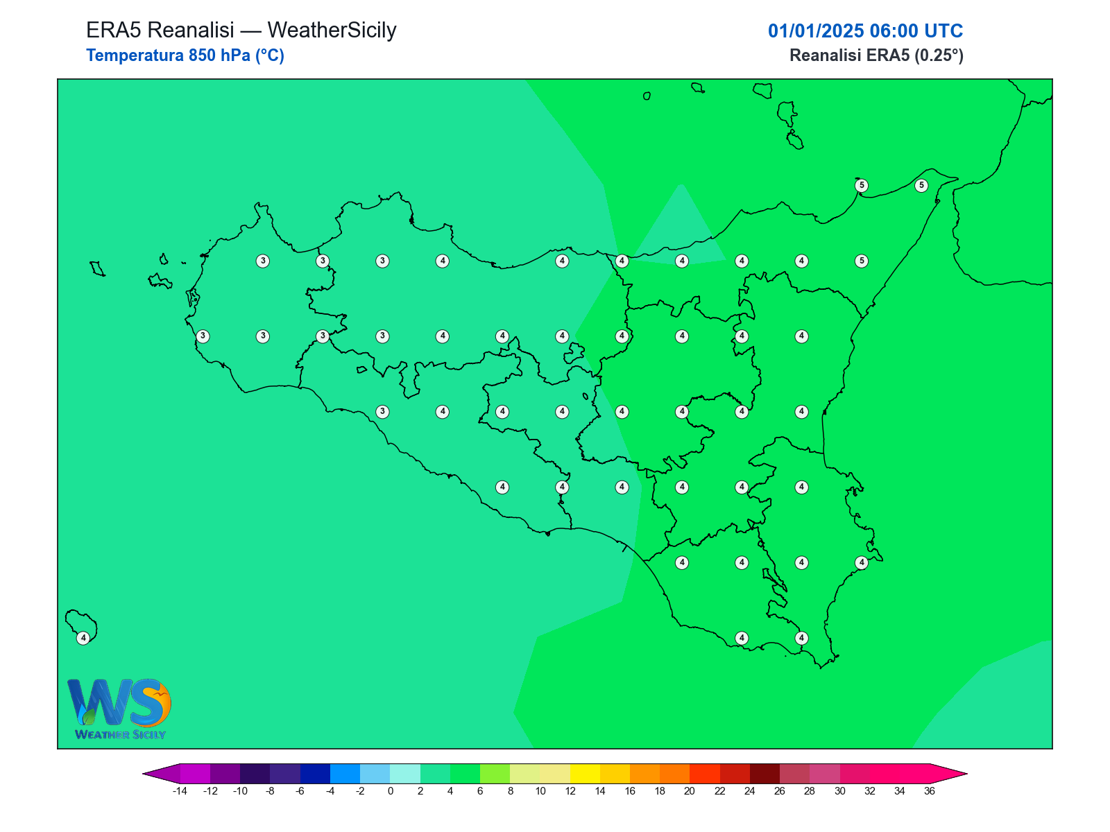 Temperatura a 850 hPa · 2025010106