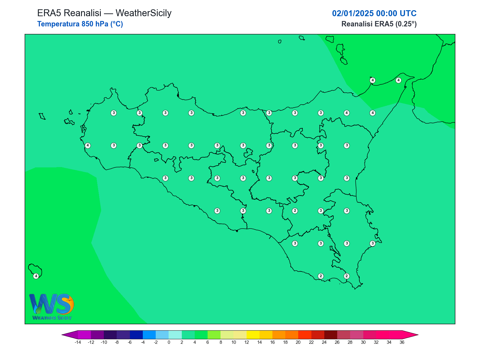 Temperatura a 850 hPa · 2025010200