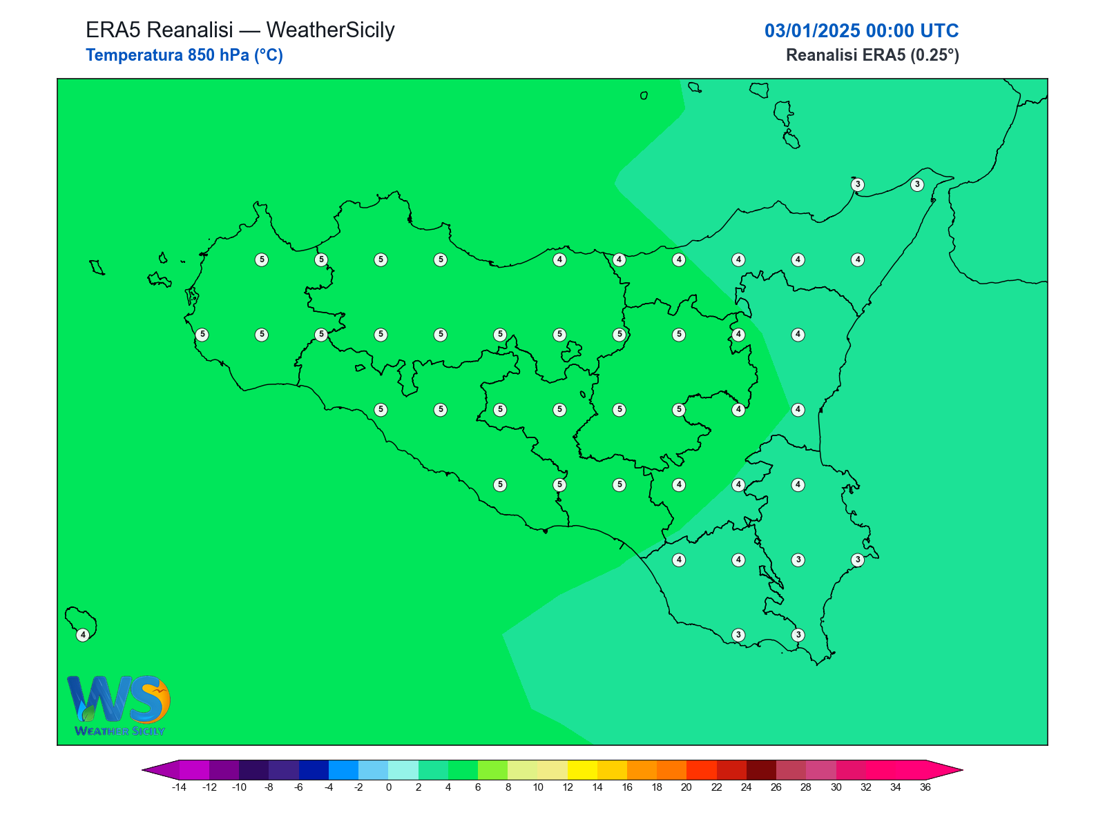 Temperatura a 850 hPa · 2025010300