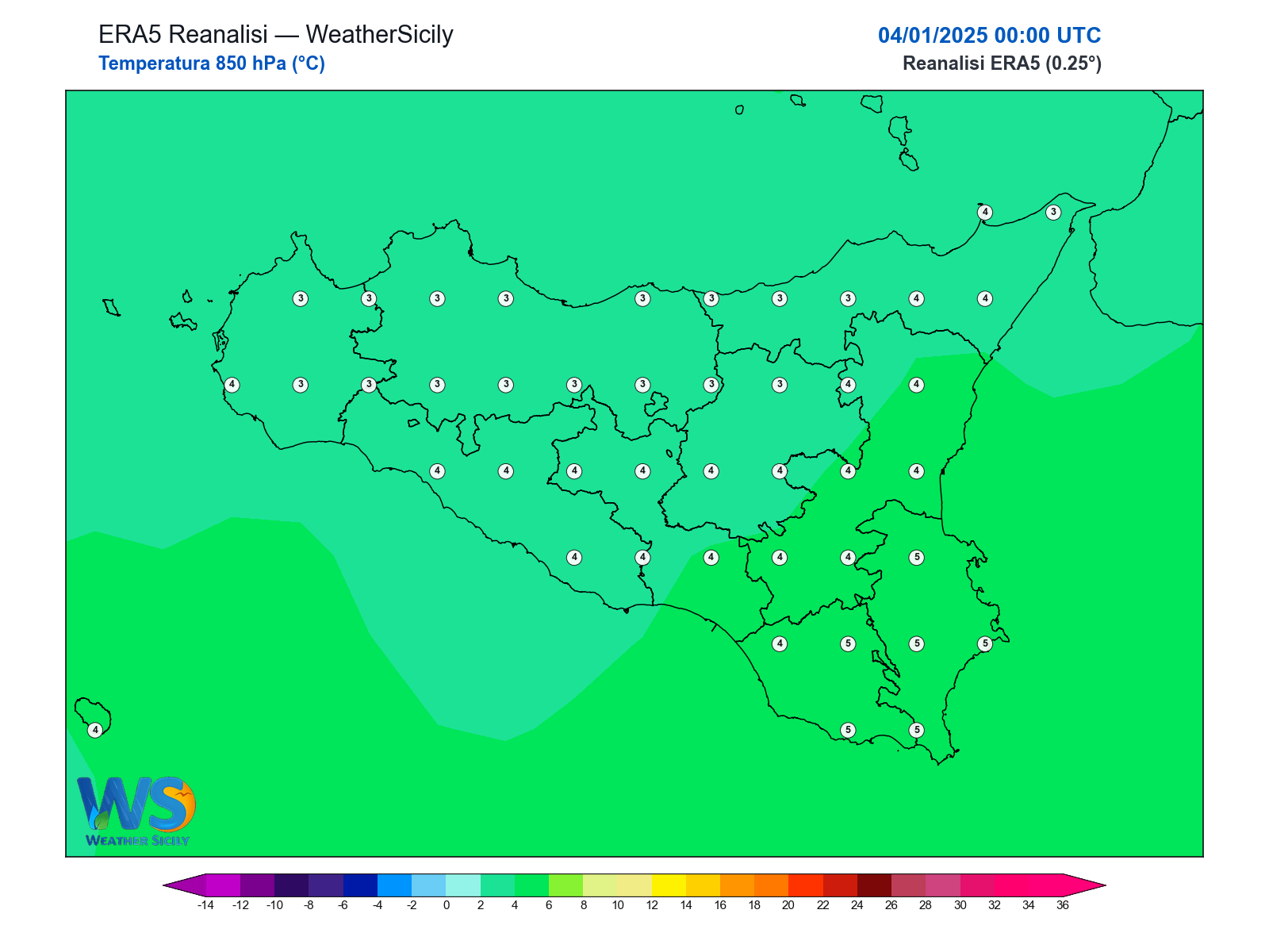 Temperatura a 850 hPa · 2025010400