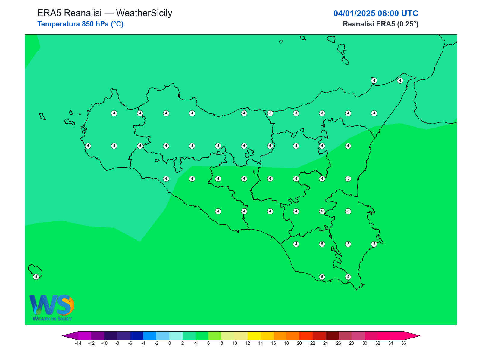 Temperatura a 850 hPa · 2025010406
