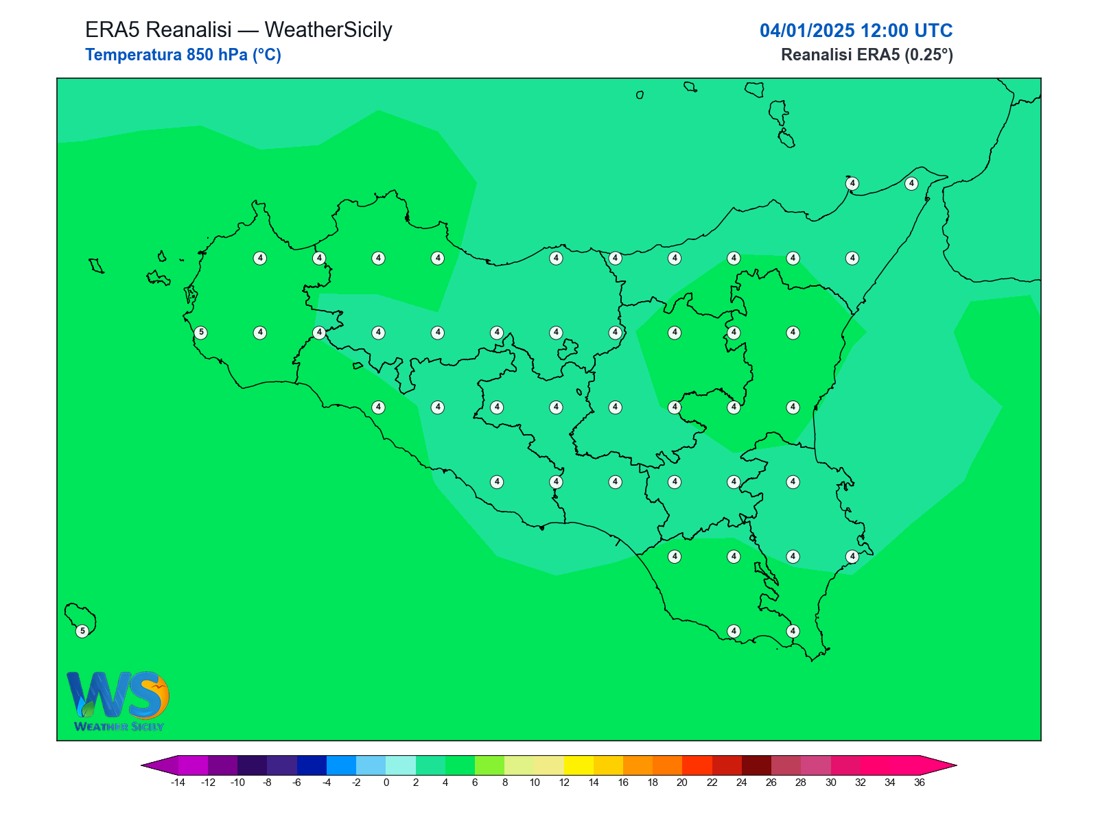 Temperatura a 850 hPa · 2025010412
