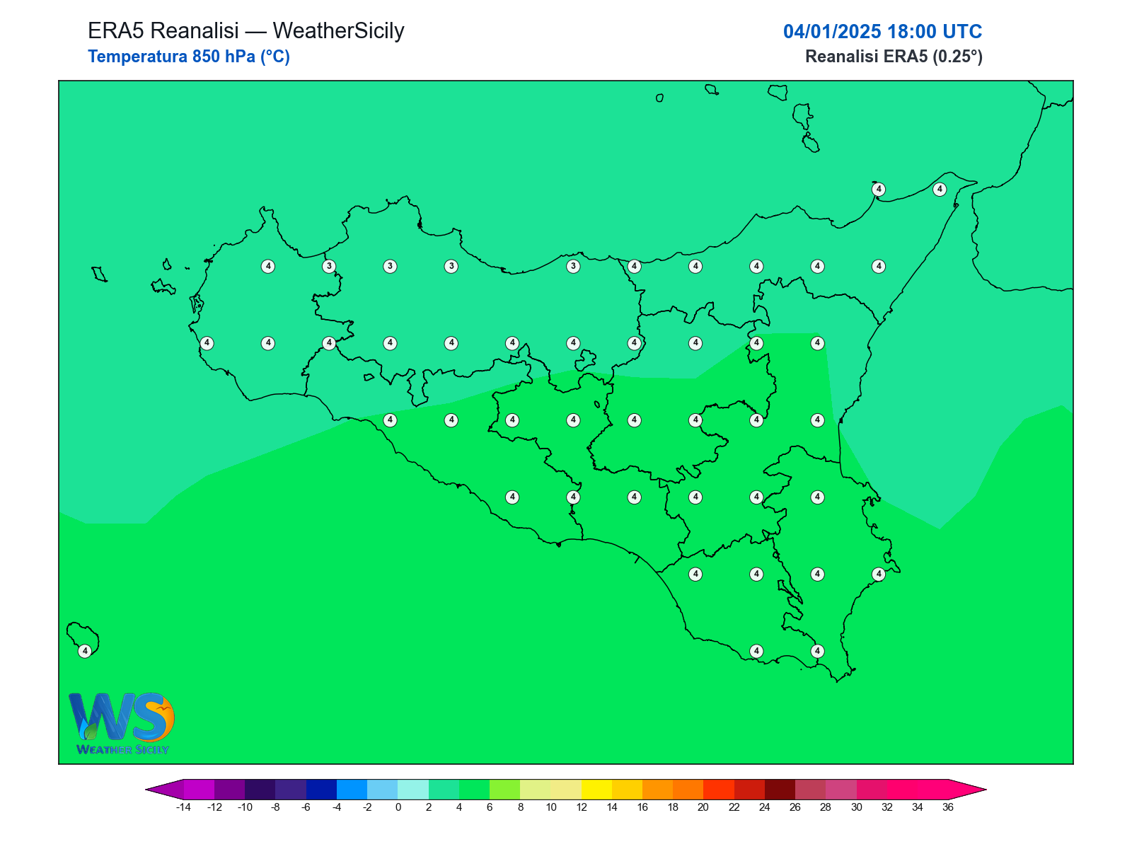 Temperatura a 850 hPa · 2025010418