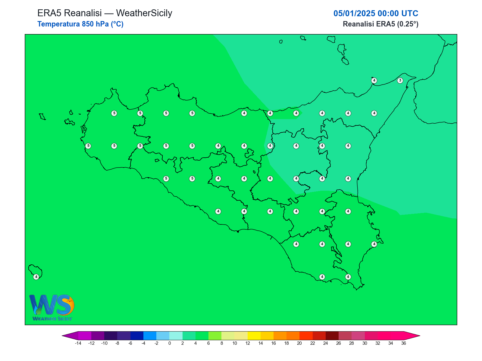 Temperatura a 850 hPa · 2025010500