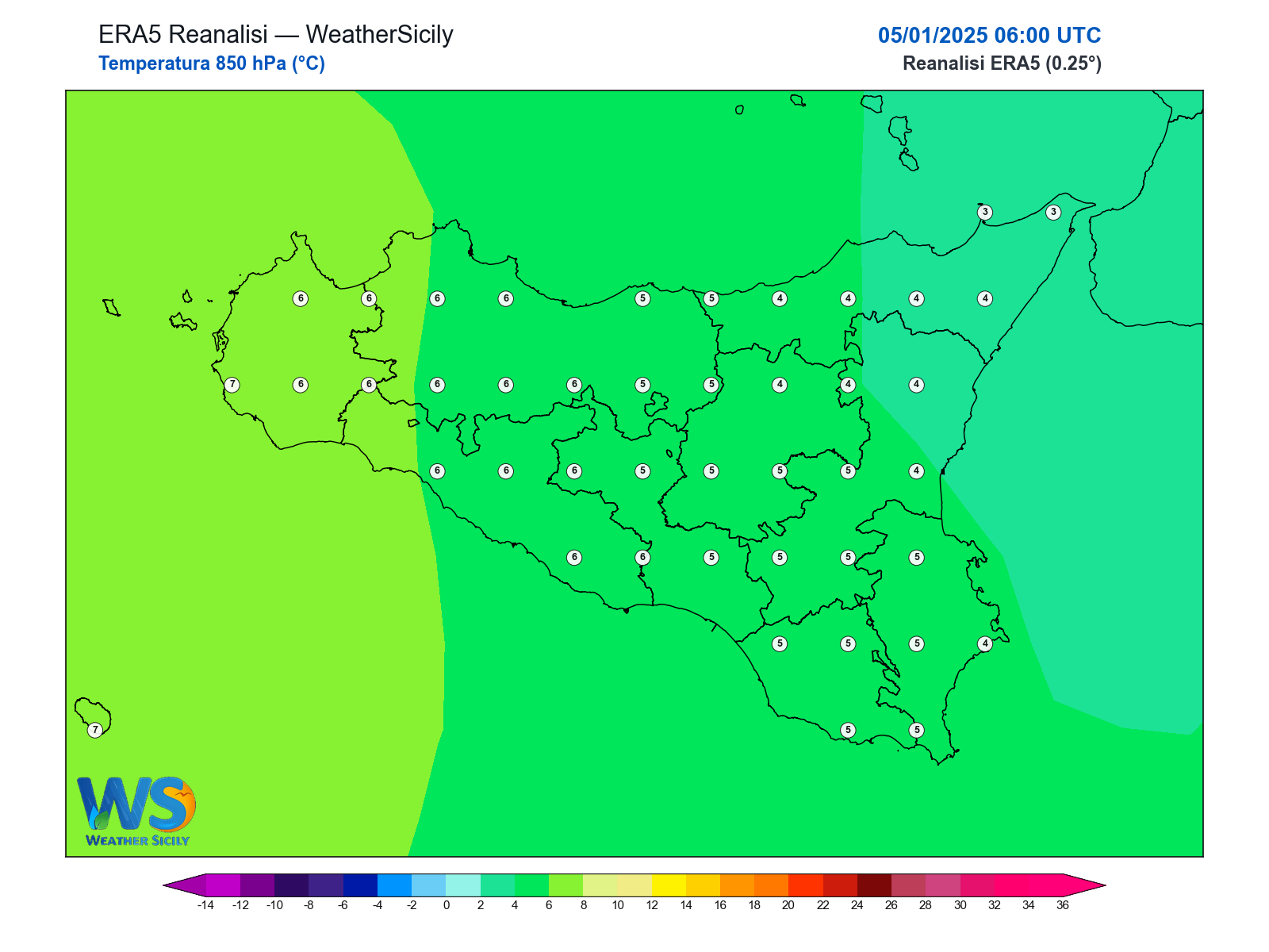 Temperatura a 850 hPa · 2025010506