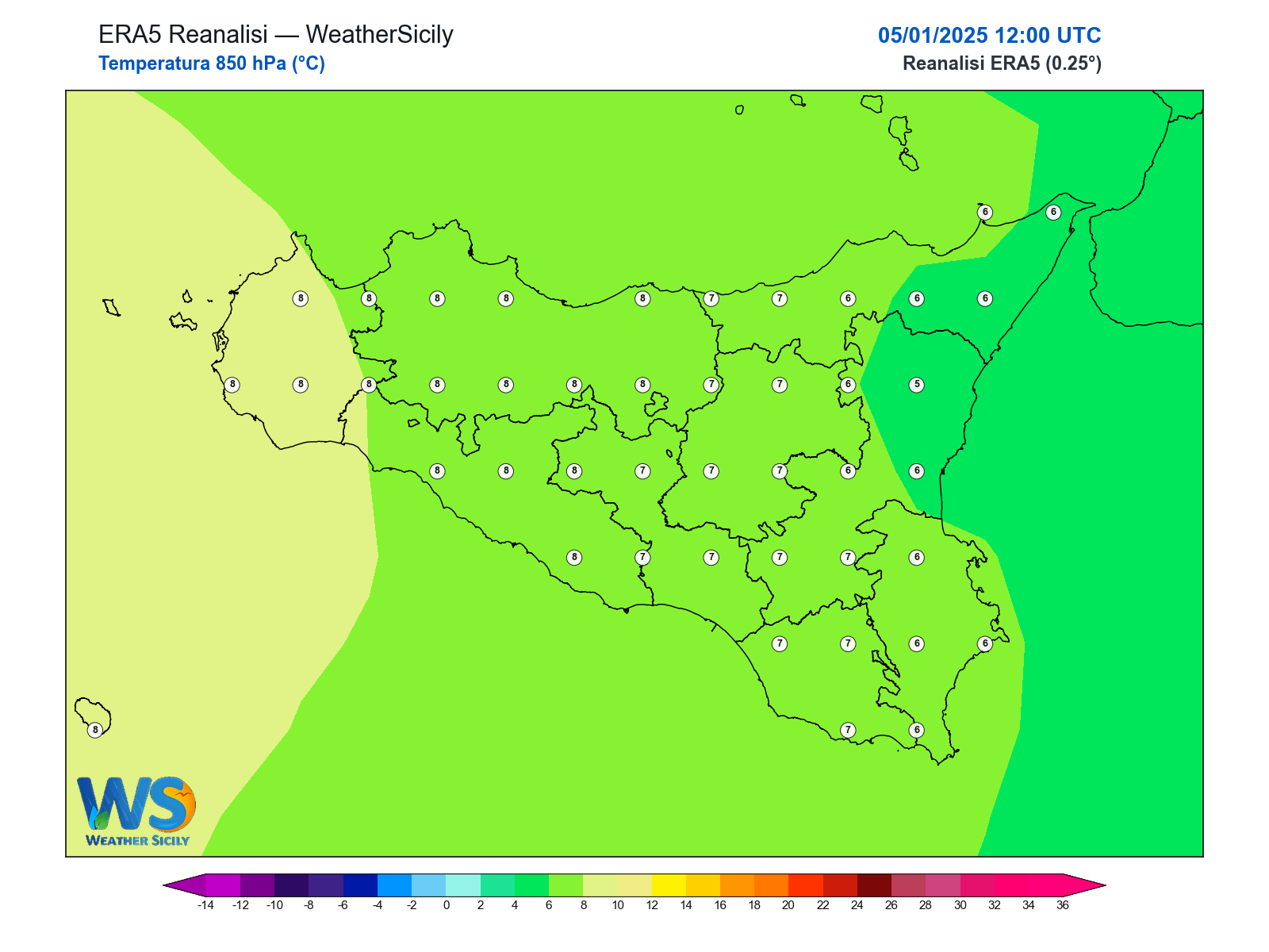 Temperatura a 850 hPa · 2025010512