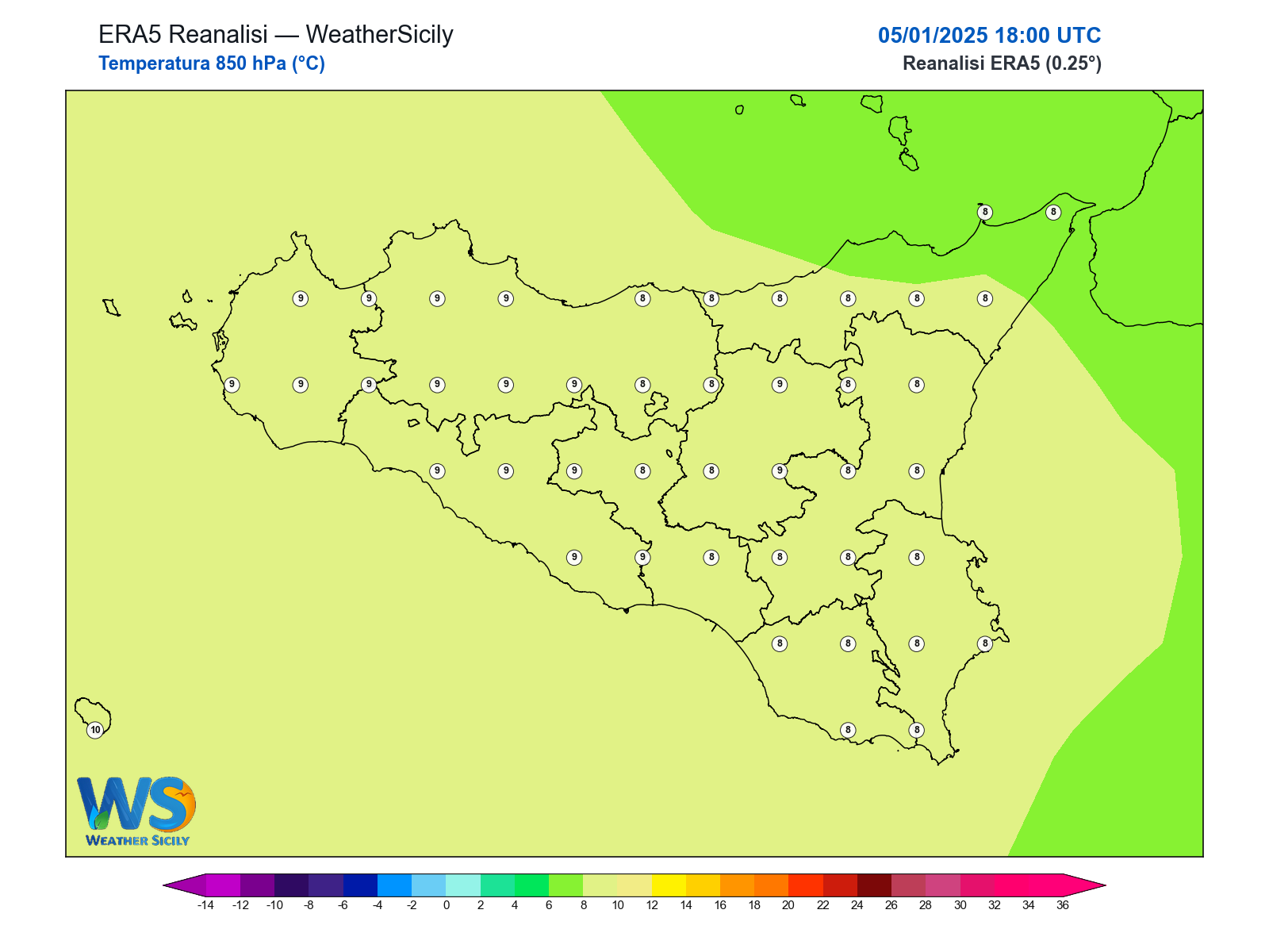 Temperatura a 850 hPa · 2025010518