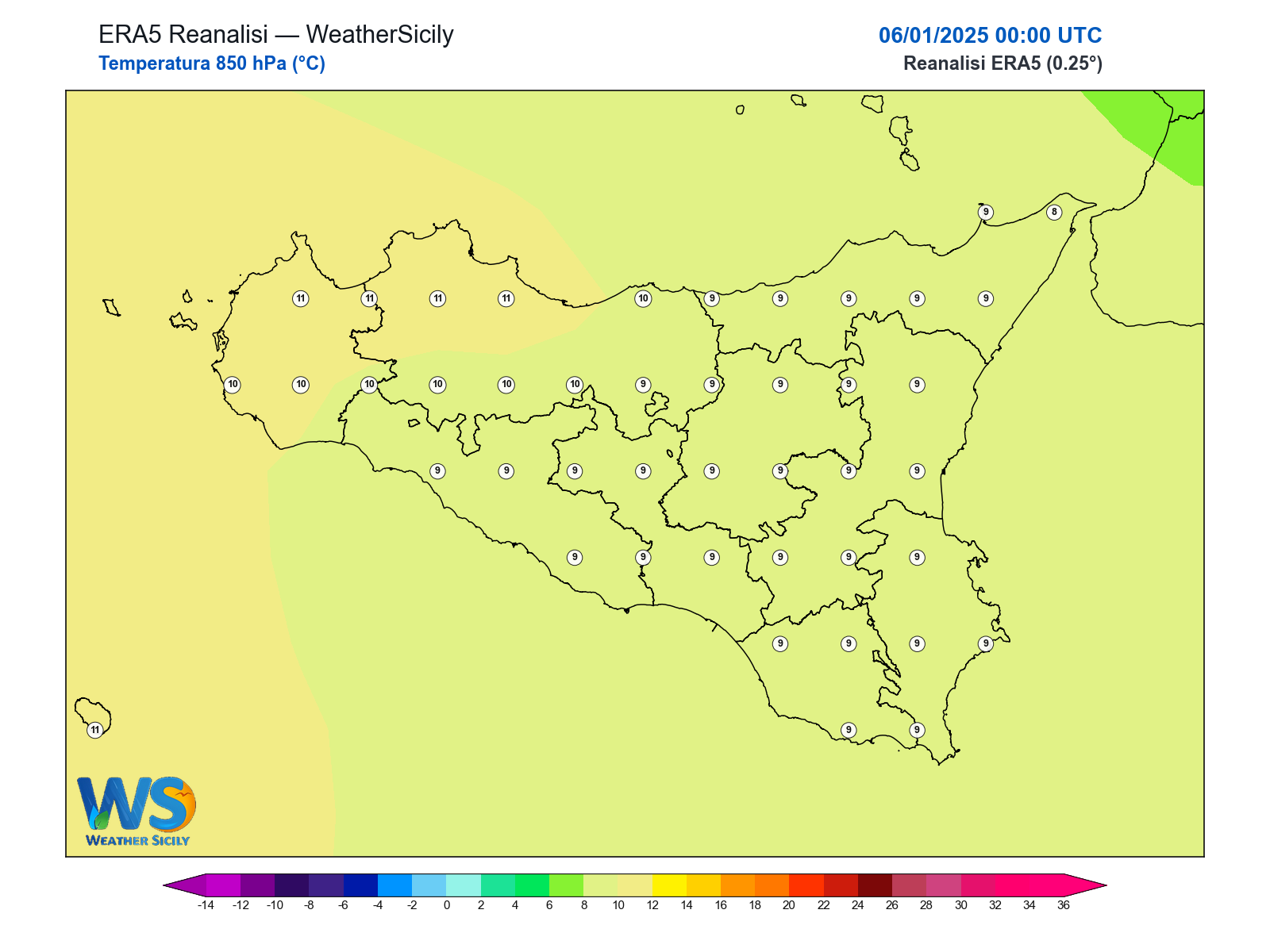 Temperatura a 850 hPa · 2025010600