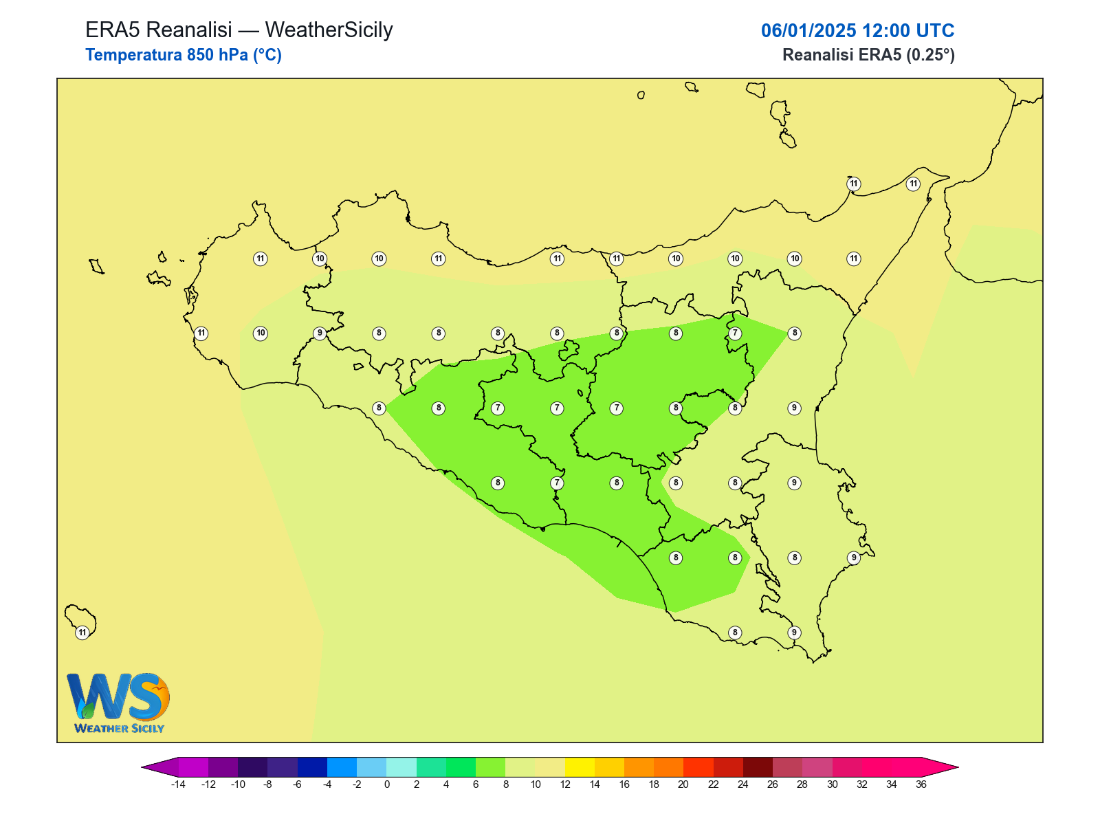 Temperatura a 850 hPa · 2025010612