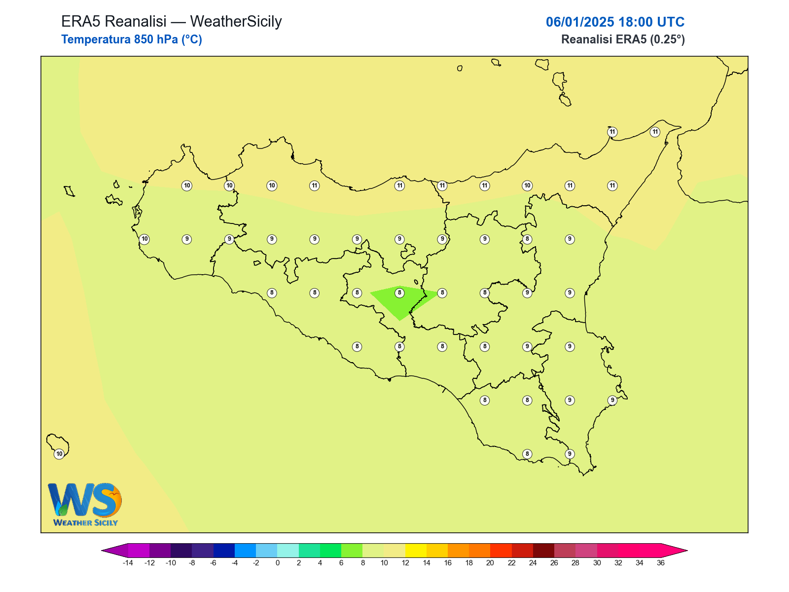 Temperatura a 850 hPa · 2025010618