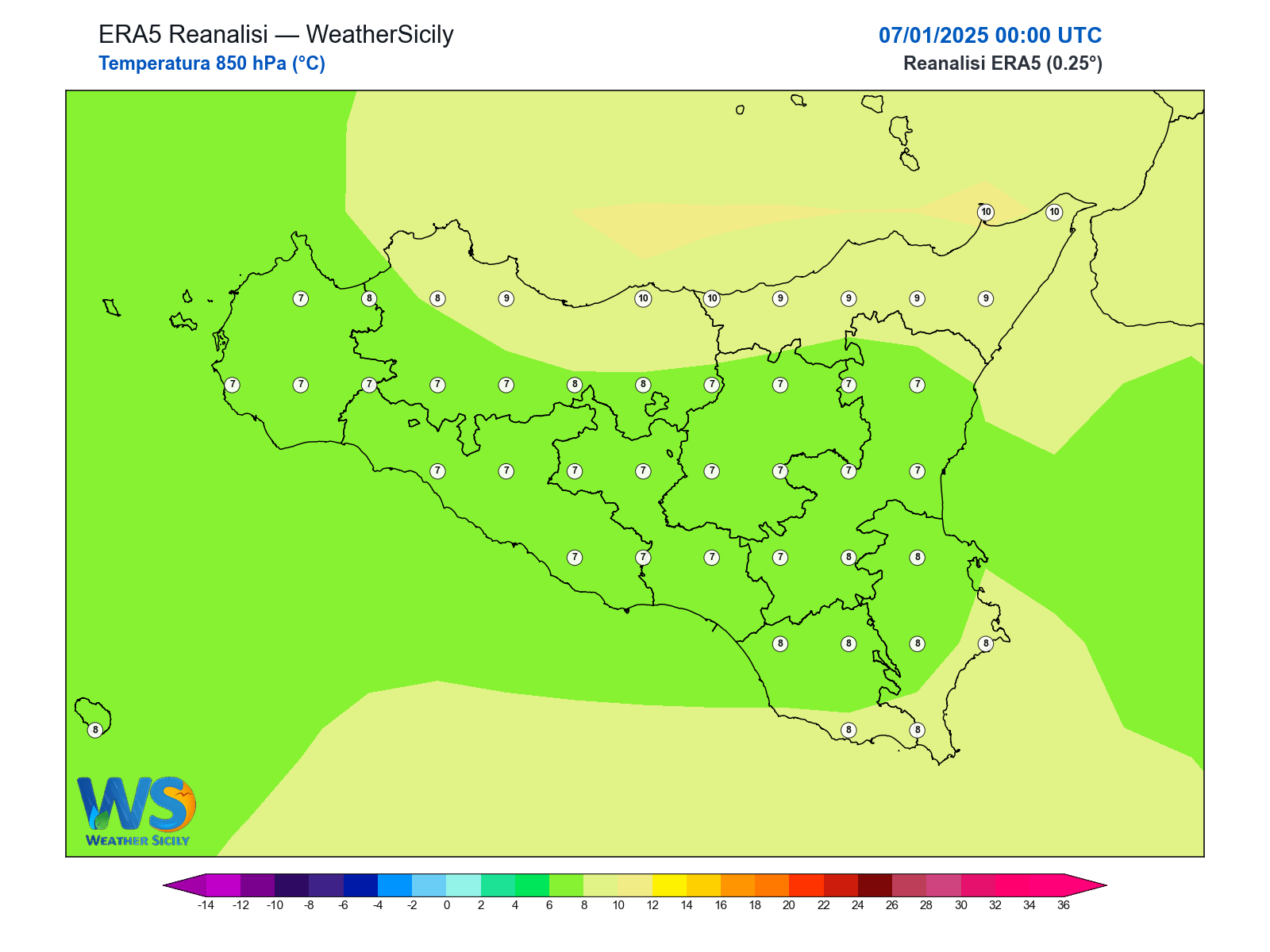 Temperatura a 850 hPa · 2025010700