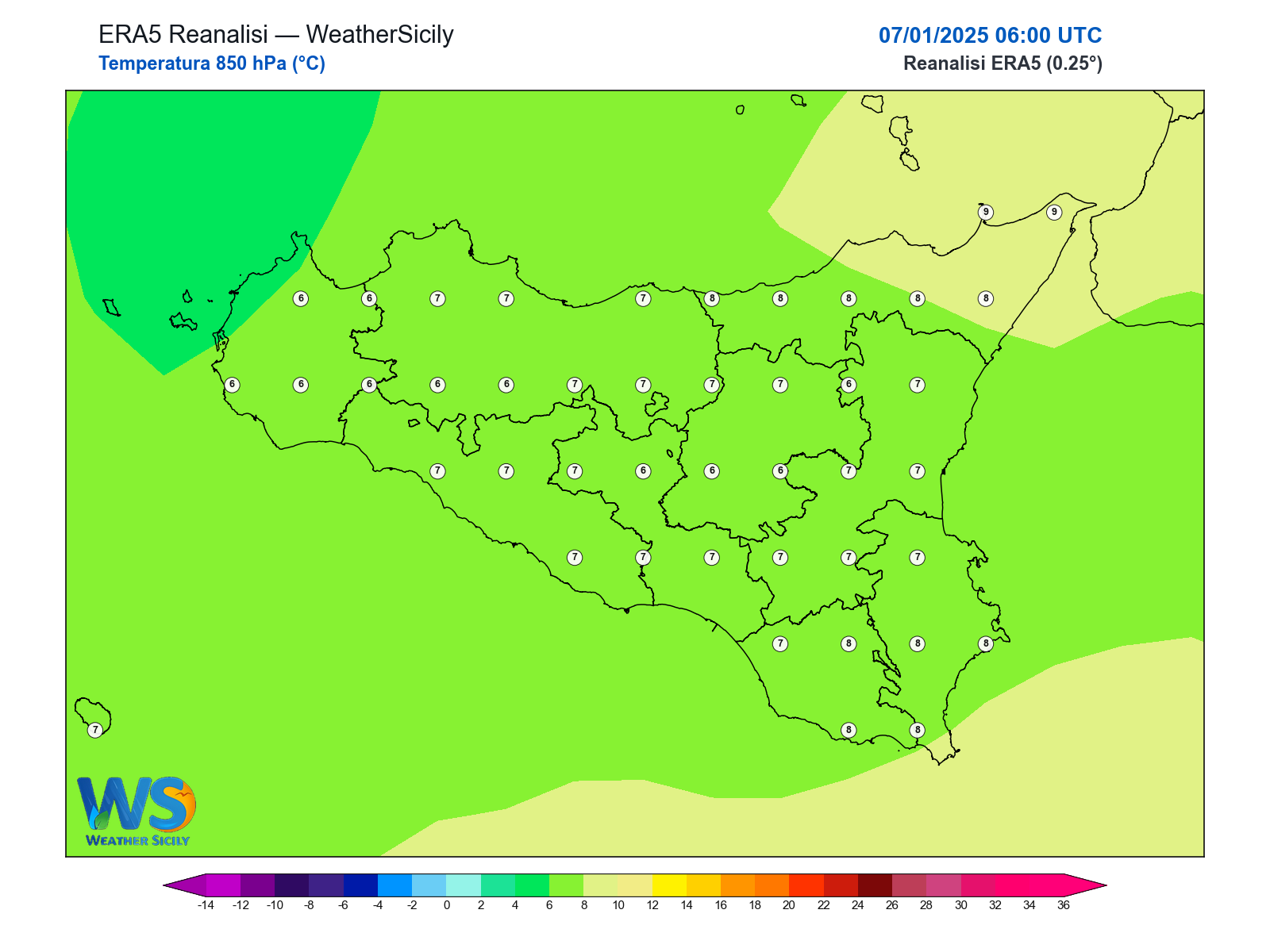 Temperatura a 850 hPa · 2025010706