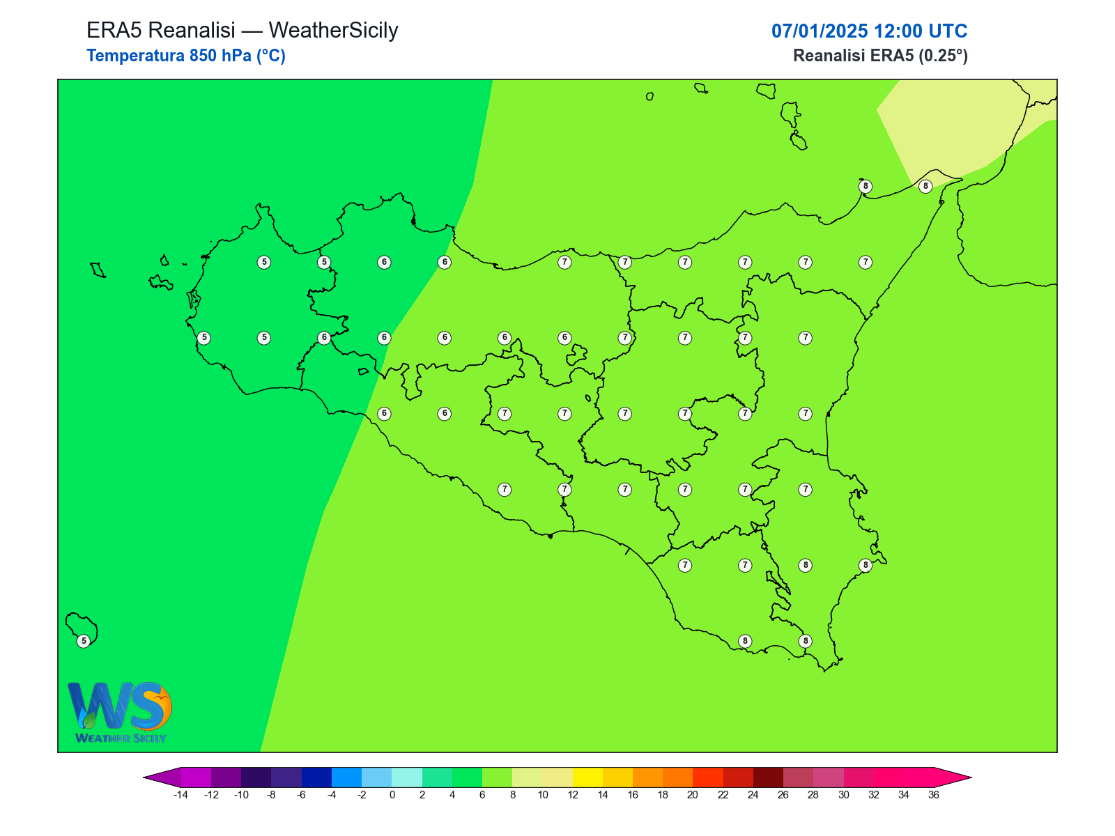 Temperatura a 850 hPa · 2025010712