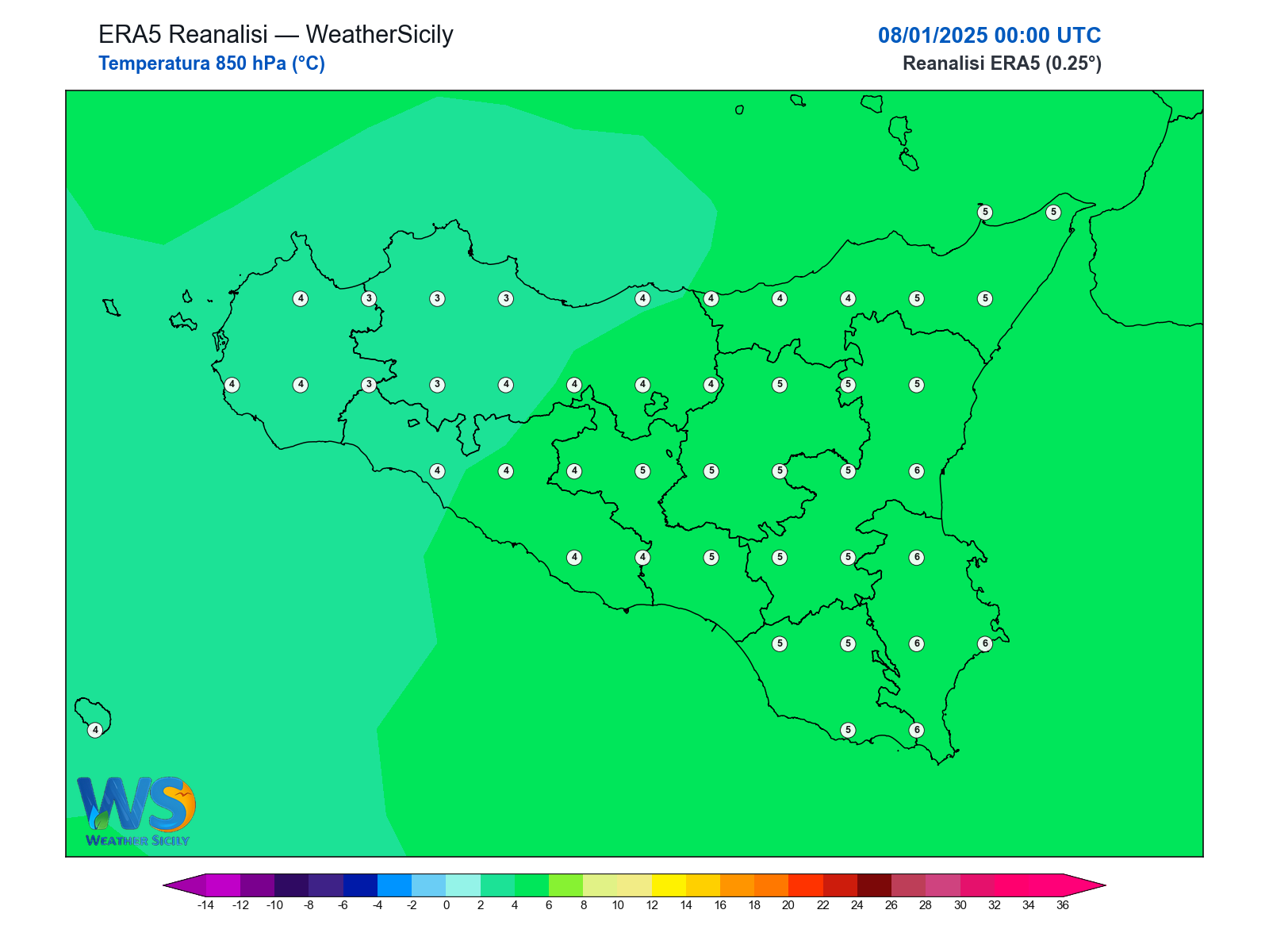 Temperatura a 850 hPa · 2025010800