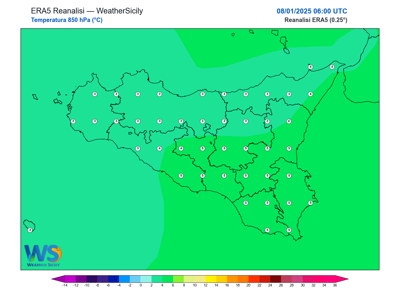 Temperatura a 850 hPa · 2025010806