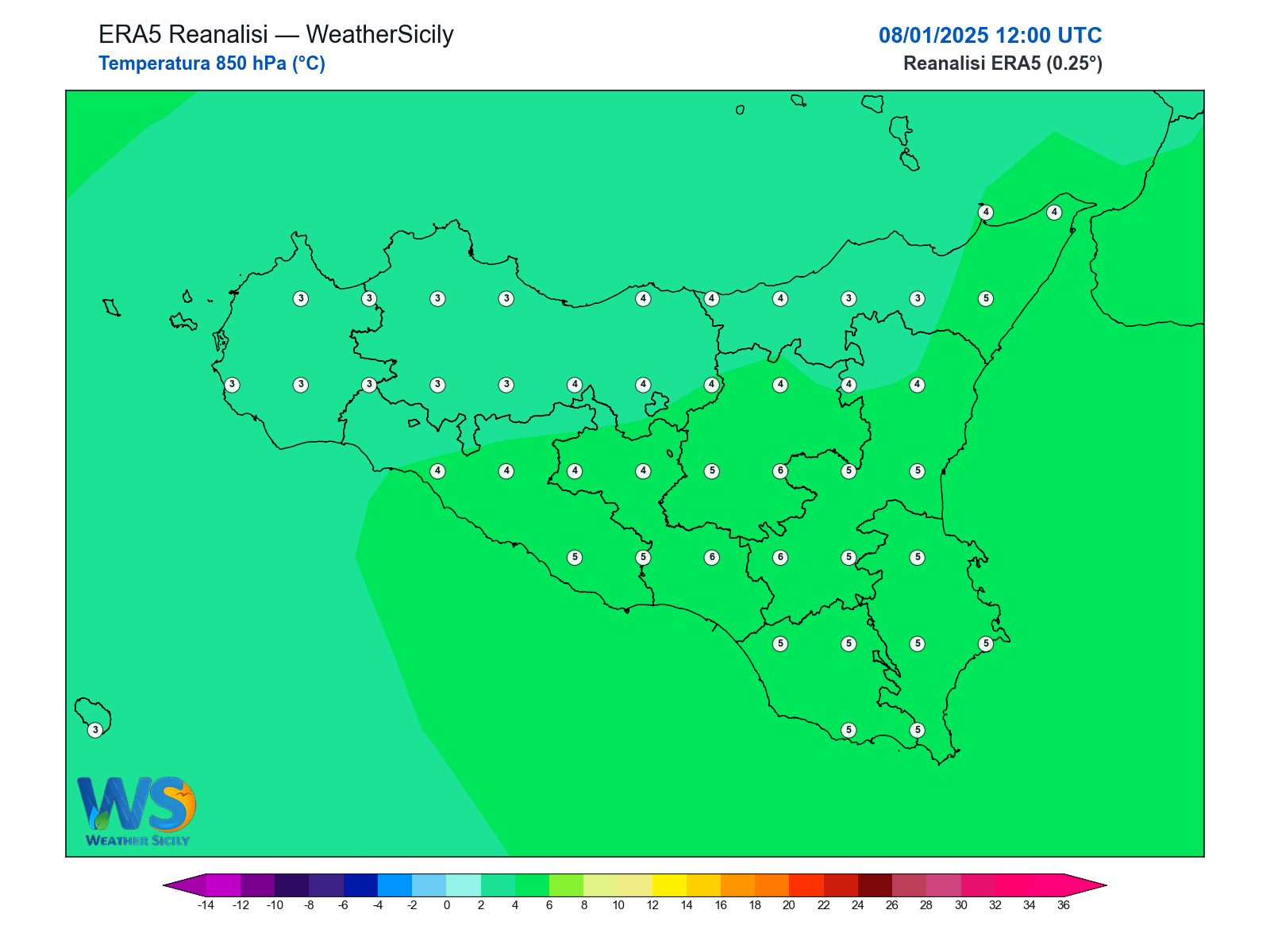 Temperatura a 850 hPa · 2025010812