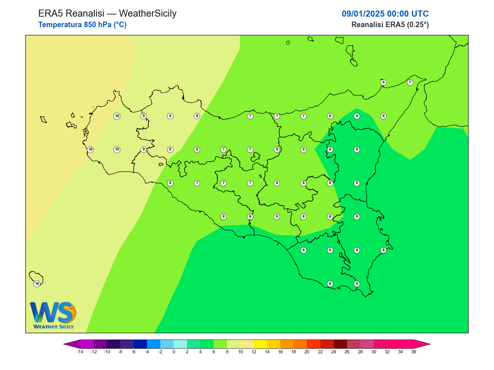 Temperatura a 850 hPa · 2025010900