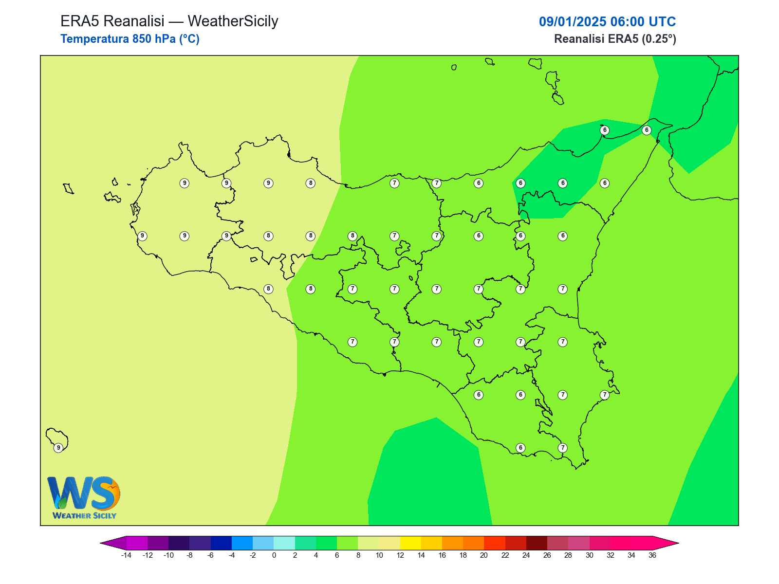 Temperatura a 850 hPa · 2025010906
