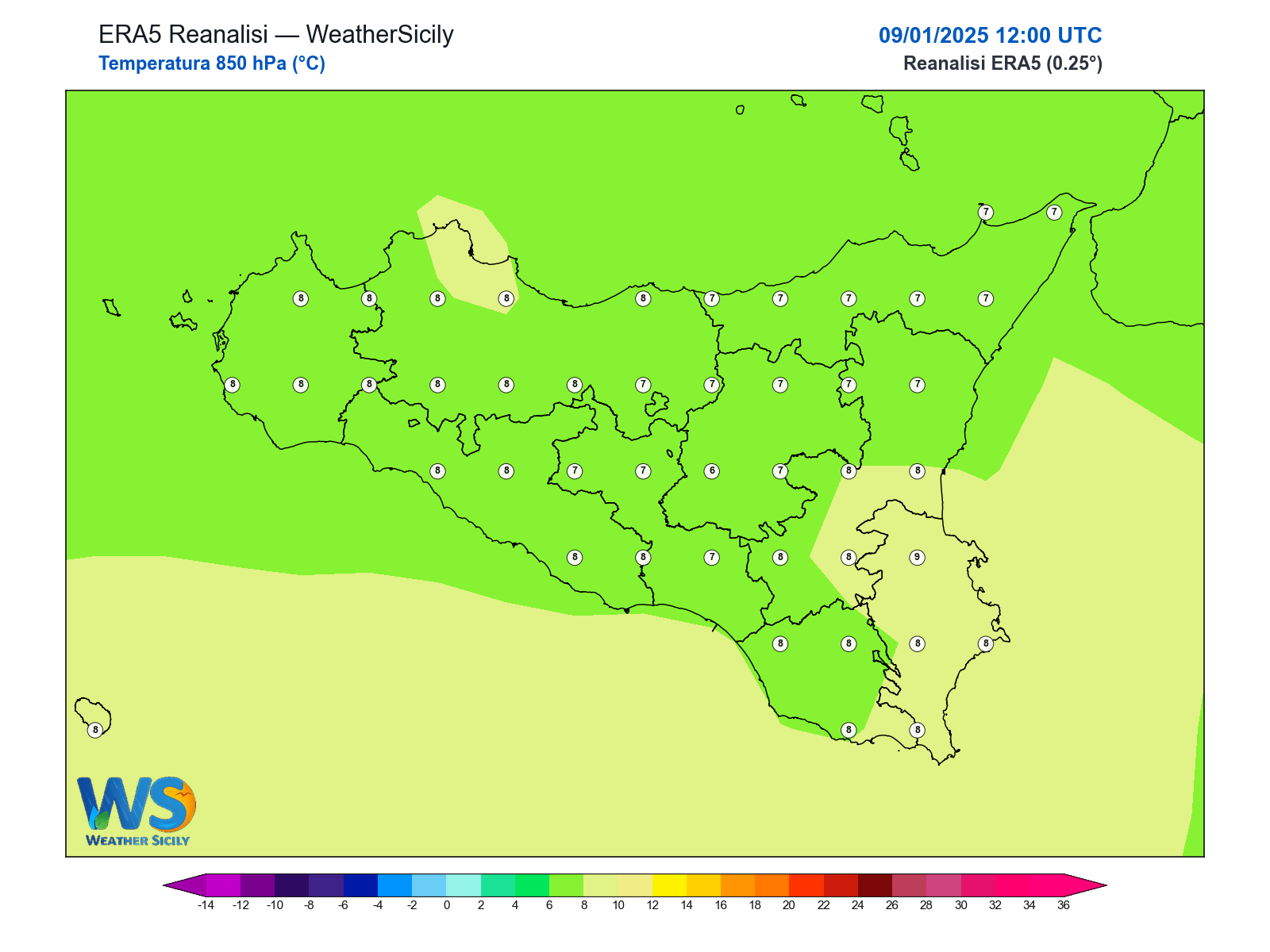 Temperatura a 850 hPa · 2025010912