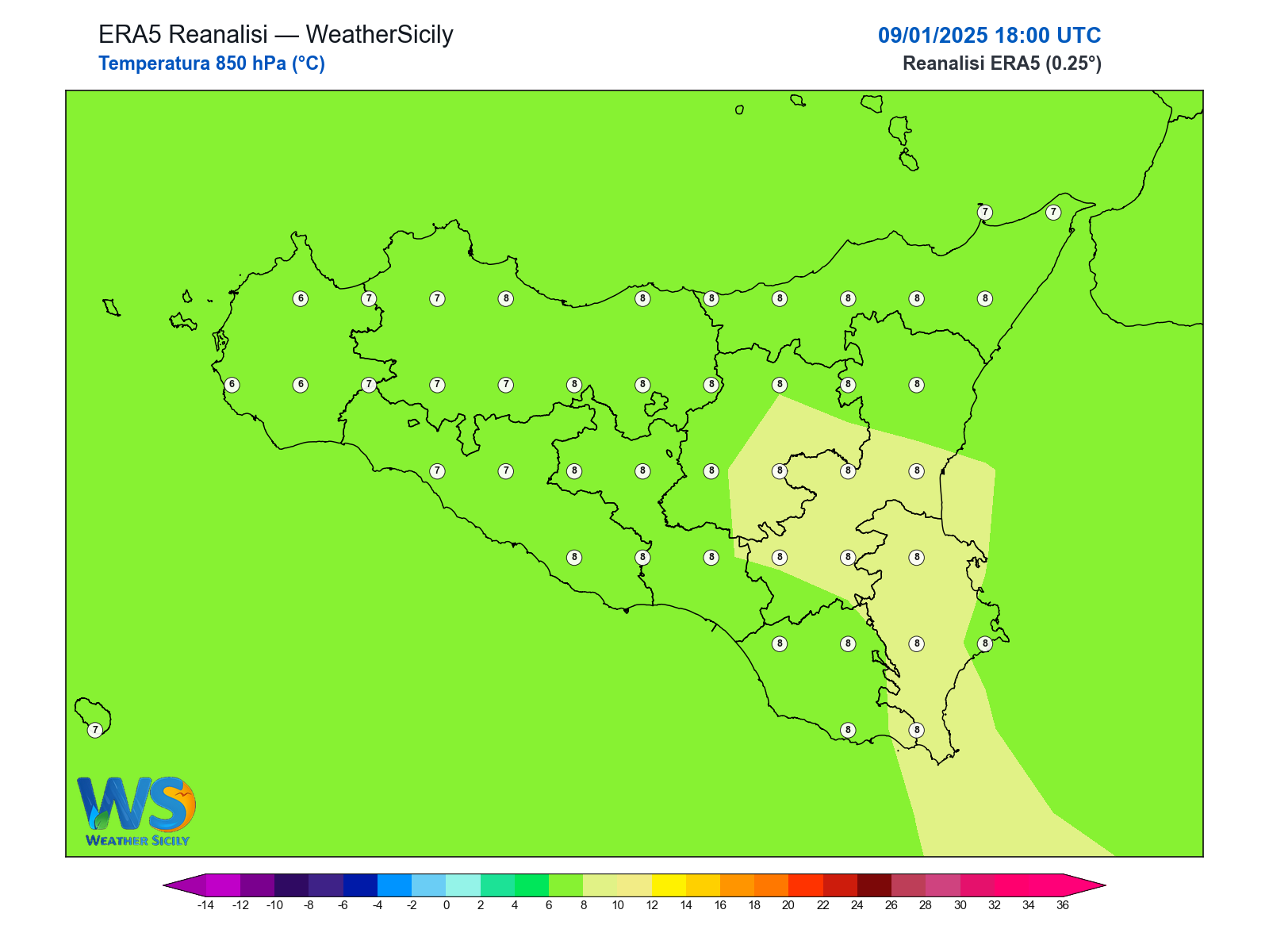 Temperatura a 850 hPa · 2025010918