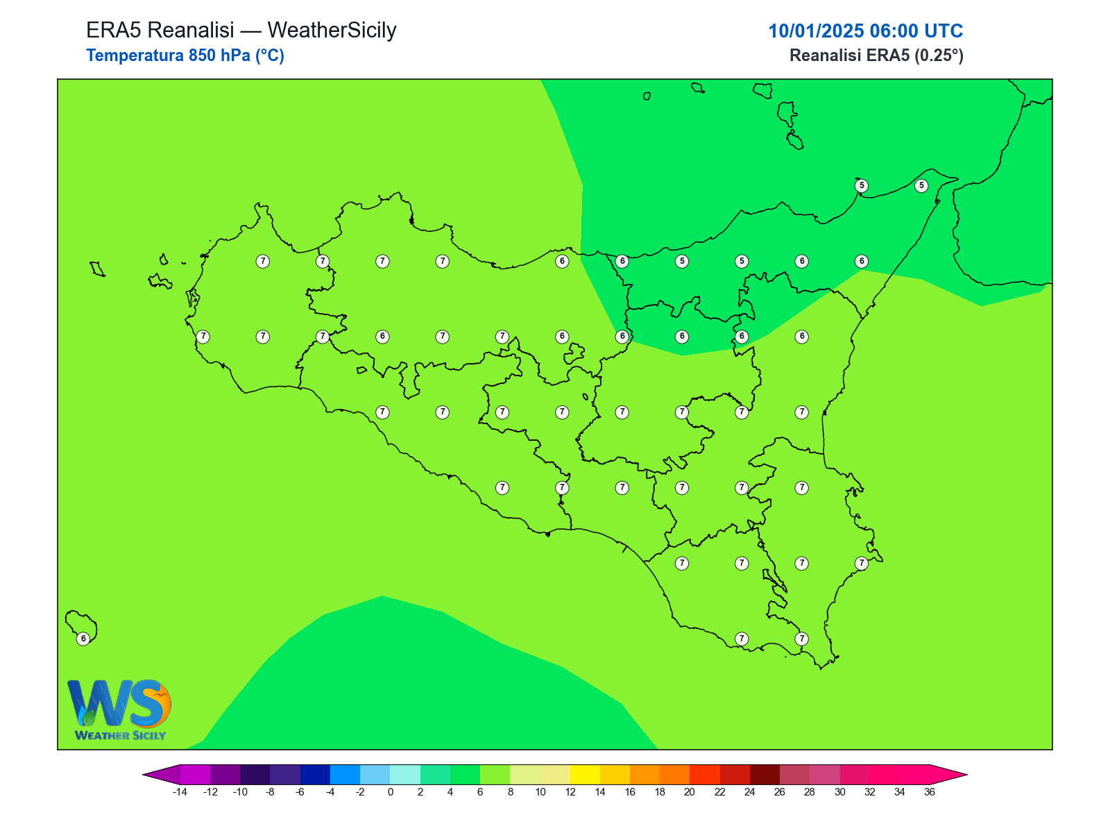 Temperatura a 850 hPa · 2025011006