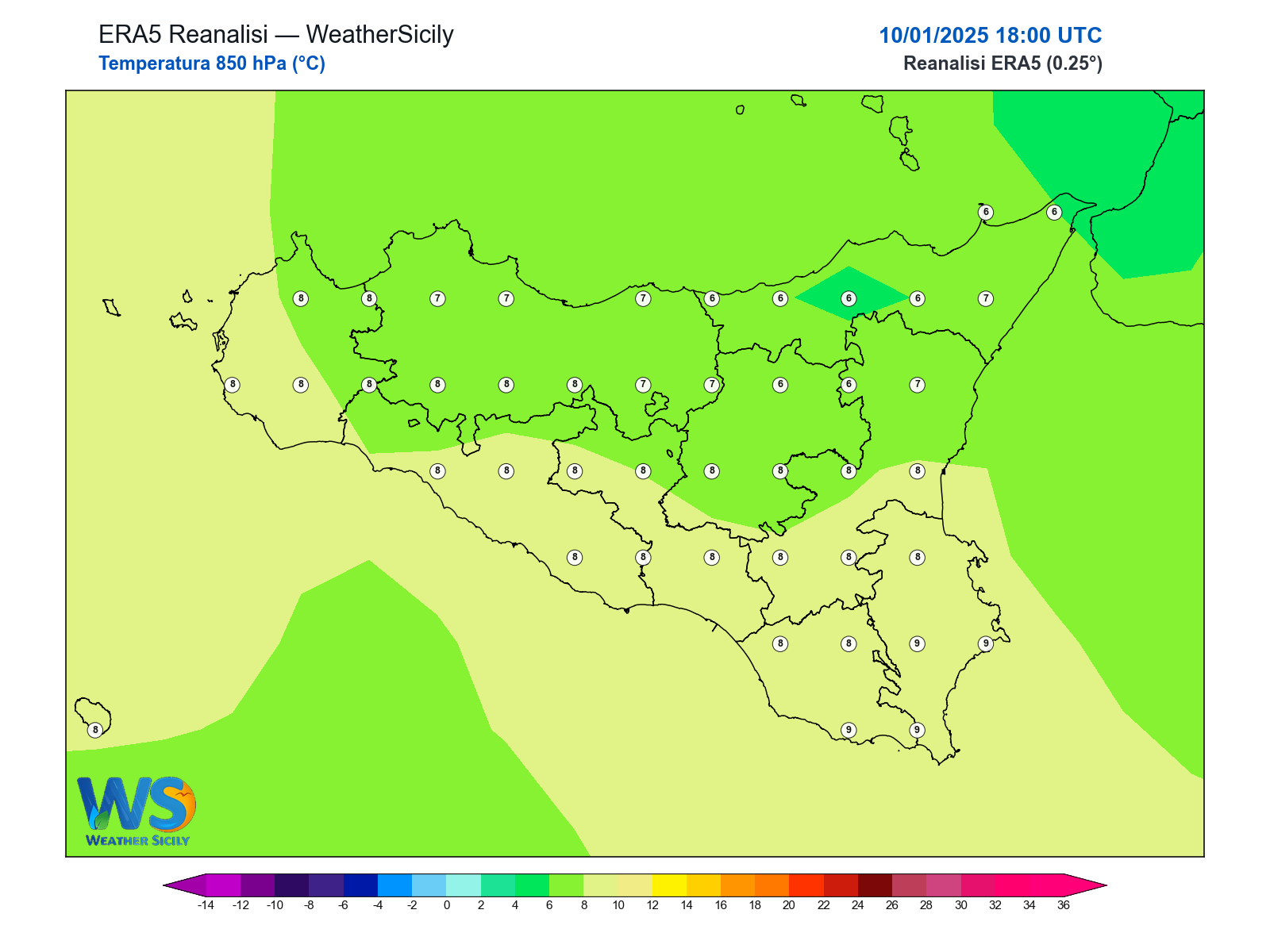 Temperatura a 850 hPa · 2025011018