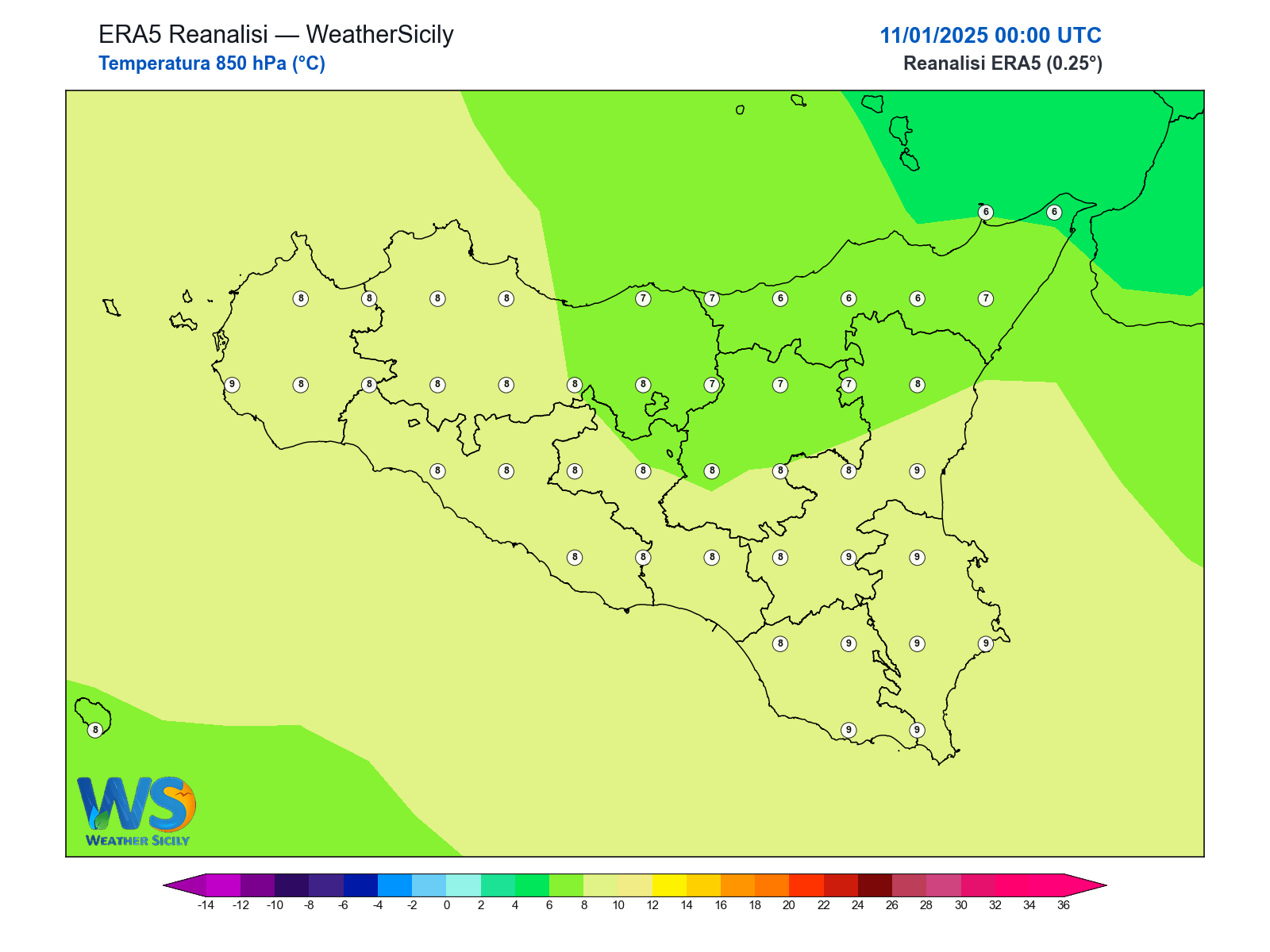 Temperatura a 850 hPa · 2025011100