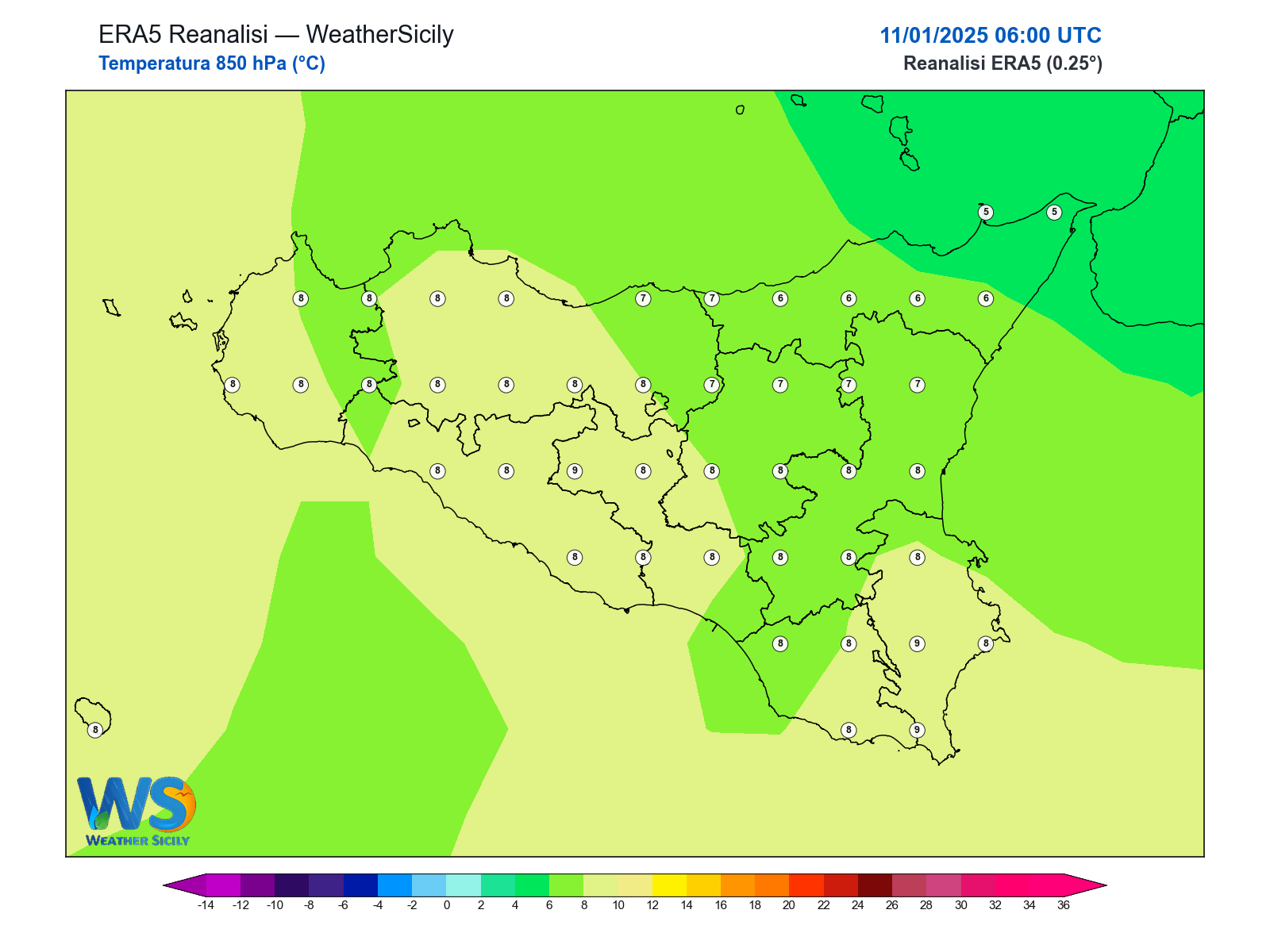 Temperatura a 850 hPa · 2025011106