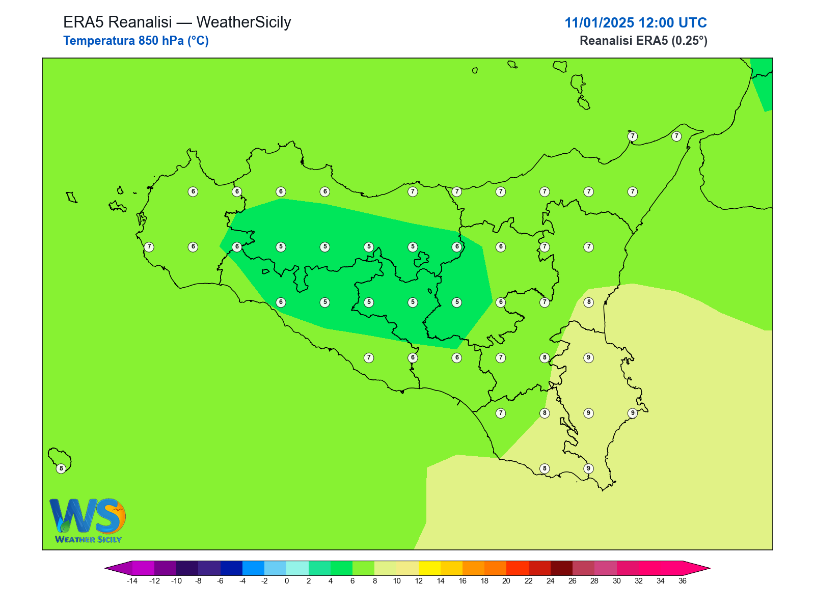 Temperatura a 850 hPa · 2025011112