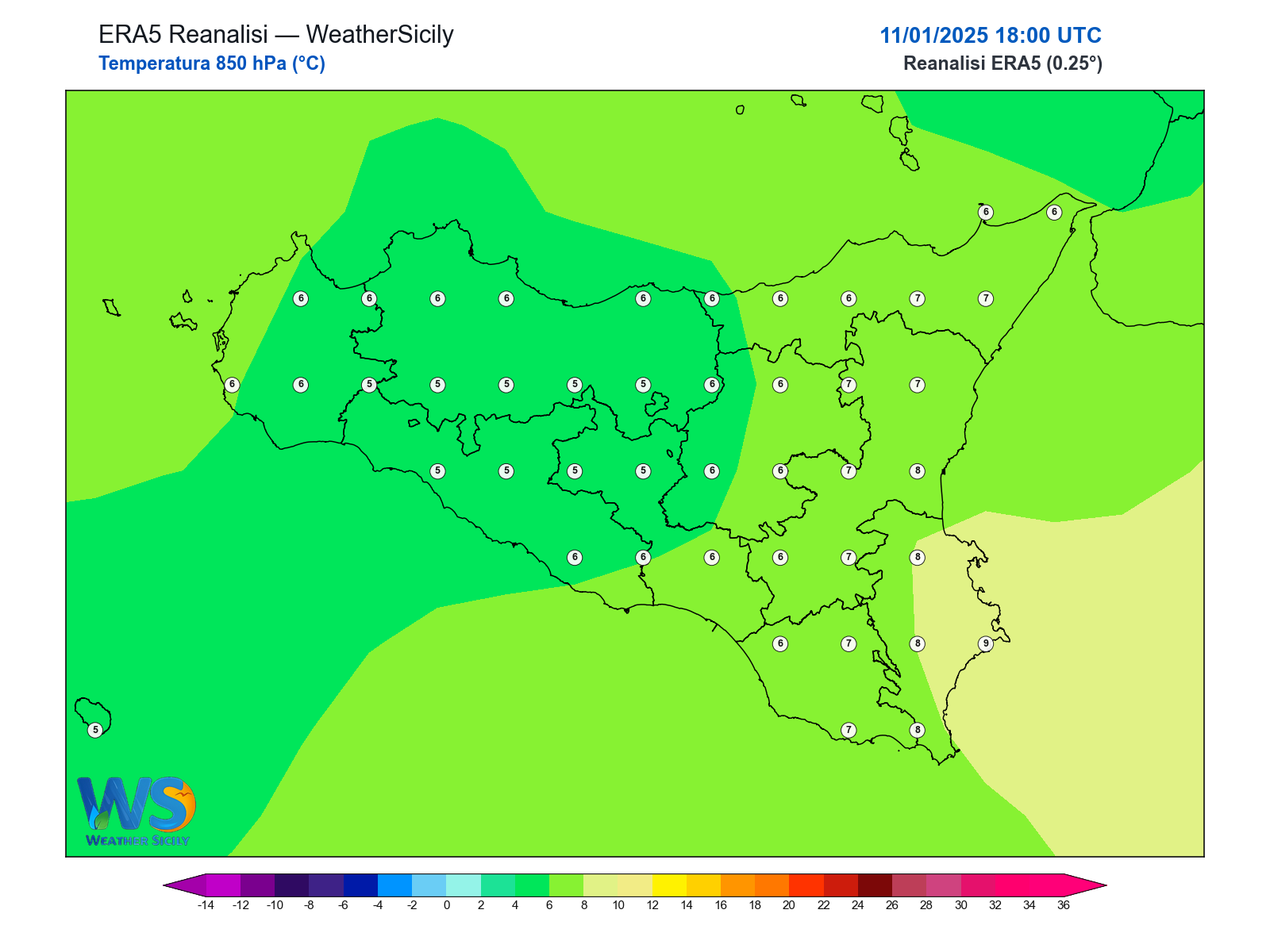 Temperatura a 850 hPa · 2025011118