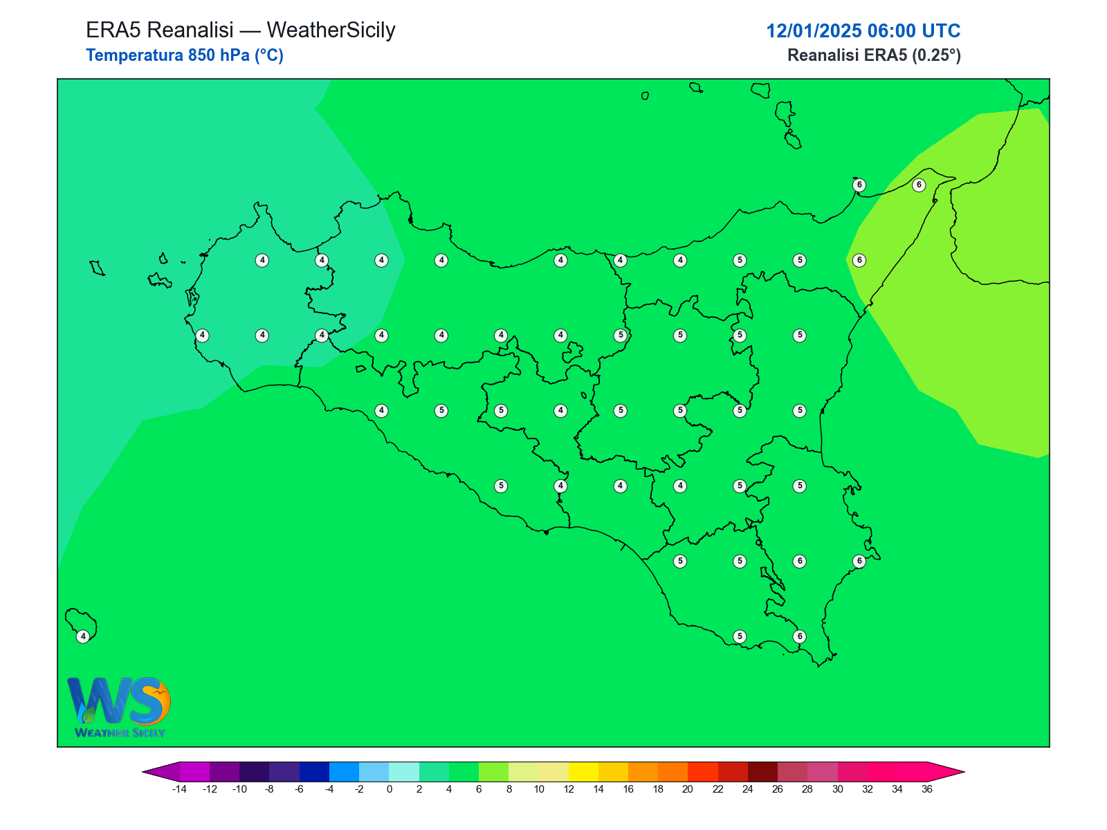 Temperatura a 850 hPa · 2025011206
