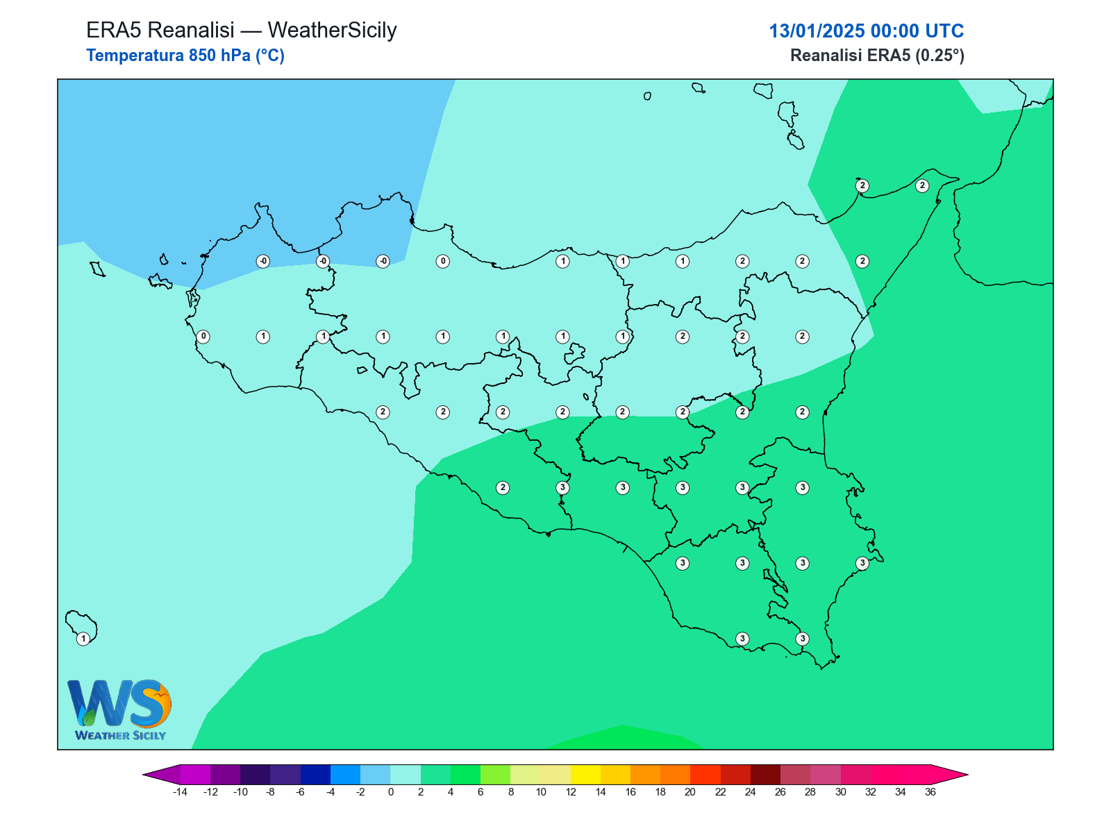 Temperatura a 850 hPa · 2025011300