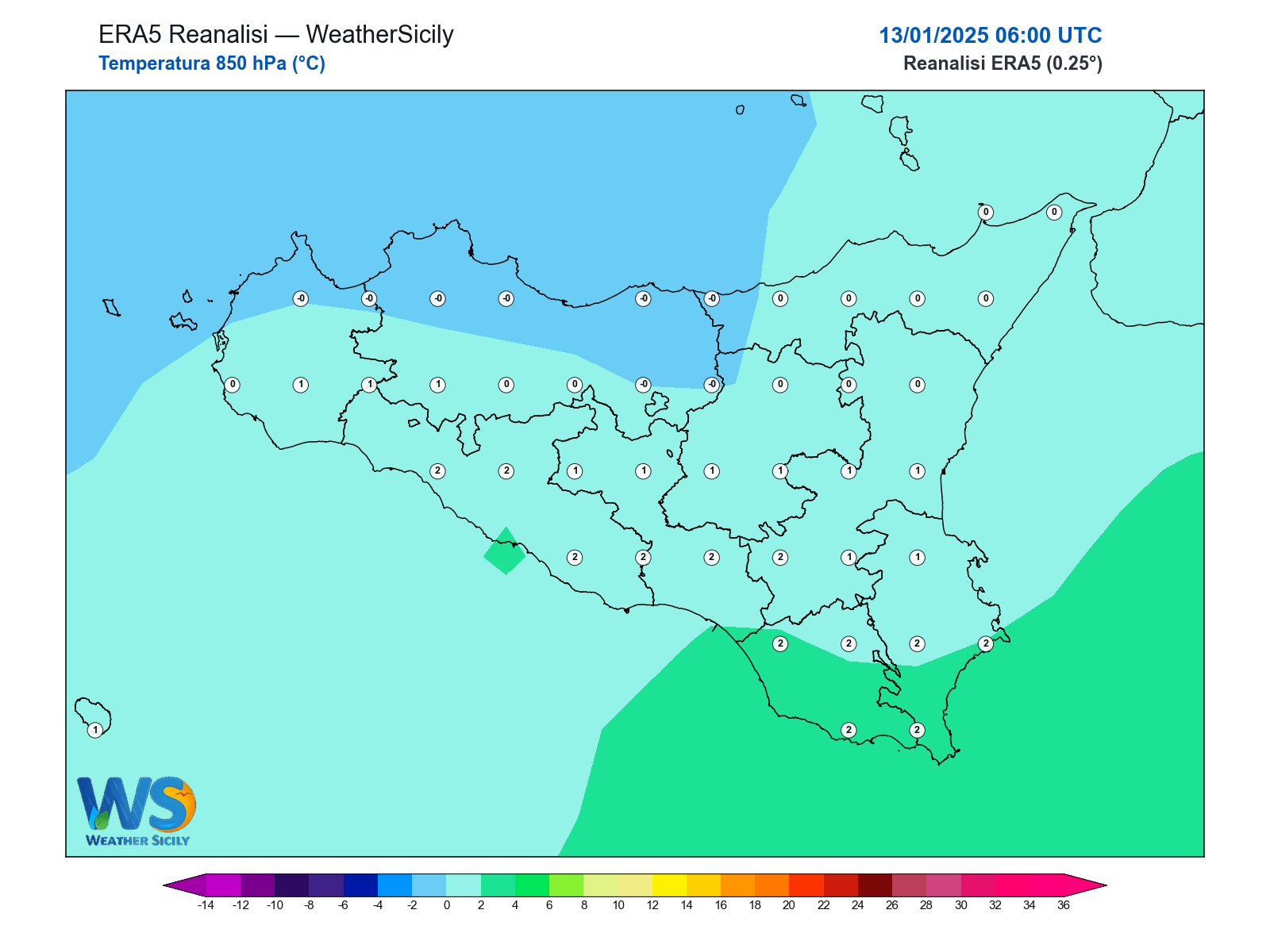 Temperatura a 850 hPa · 2025011306