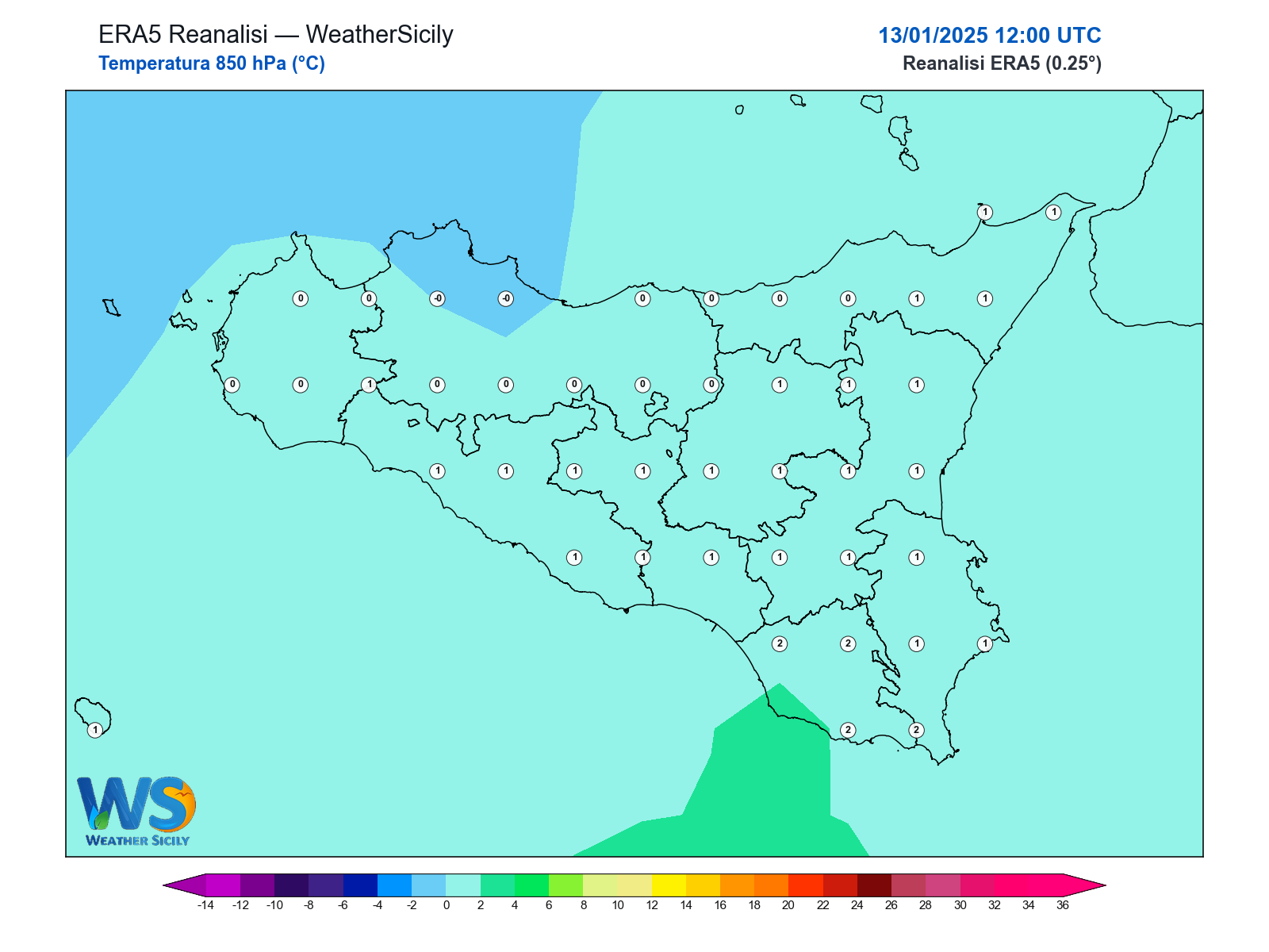 Temperatura a 850 hPa · 2025011312
