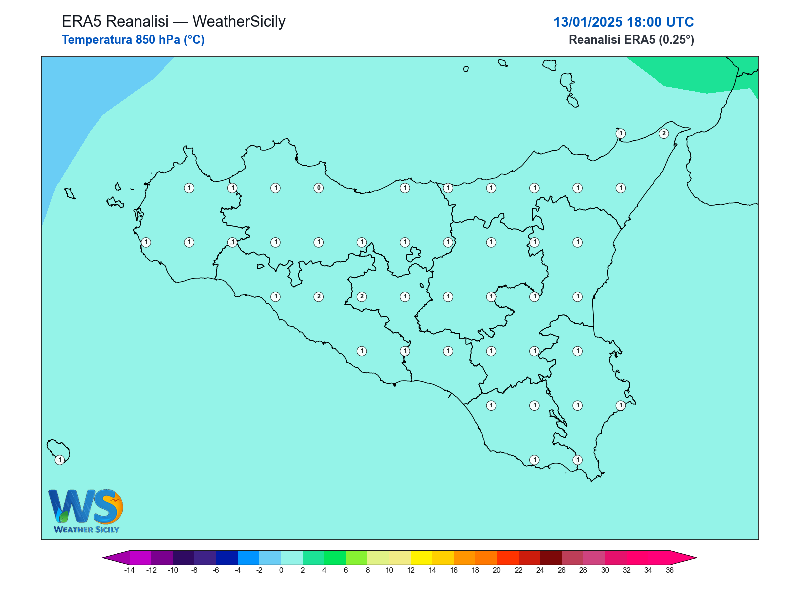 Temperatura a 850 hPa · 2025011318