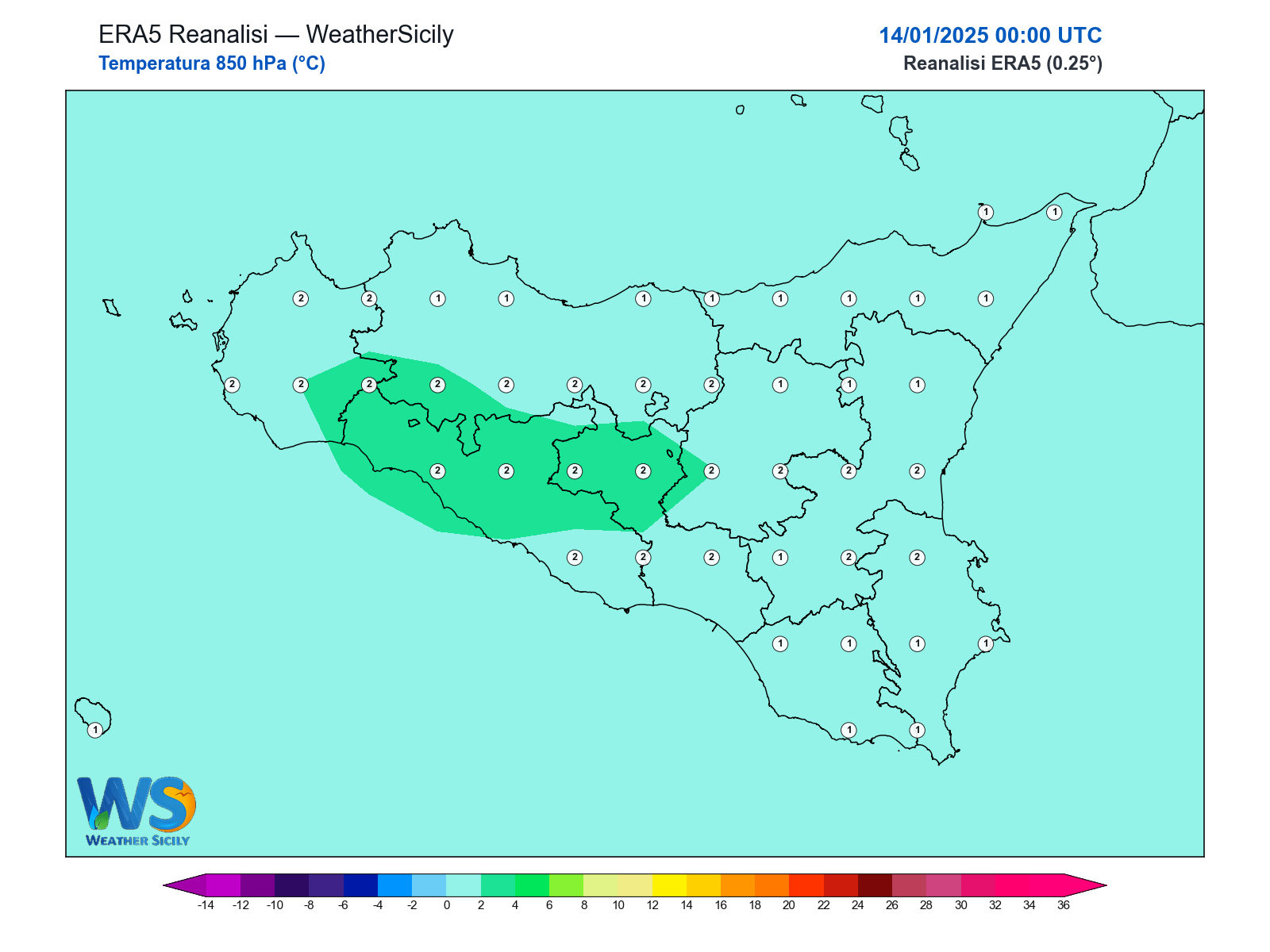 Temperatura a 850 hPa · 2025011400