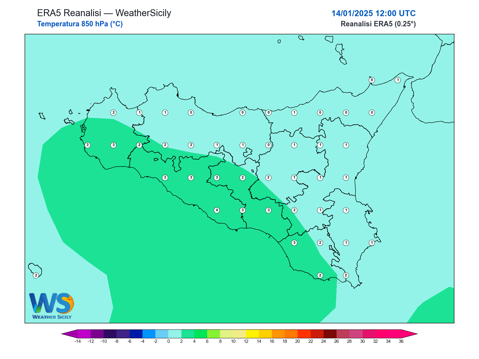 Temperatura a 850 hPa · 2025011412