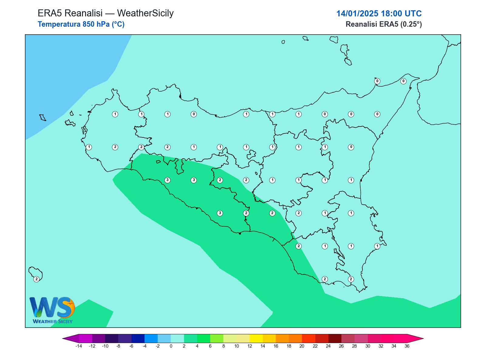 Temperatura a 850 hPa · 2025011418