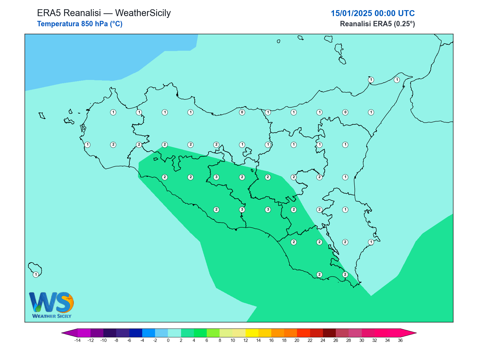 Temperatura a 850 hPa · 2025011500